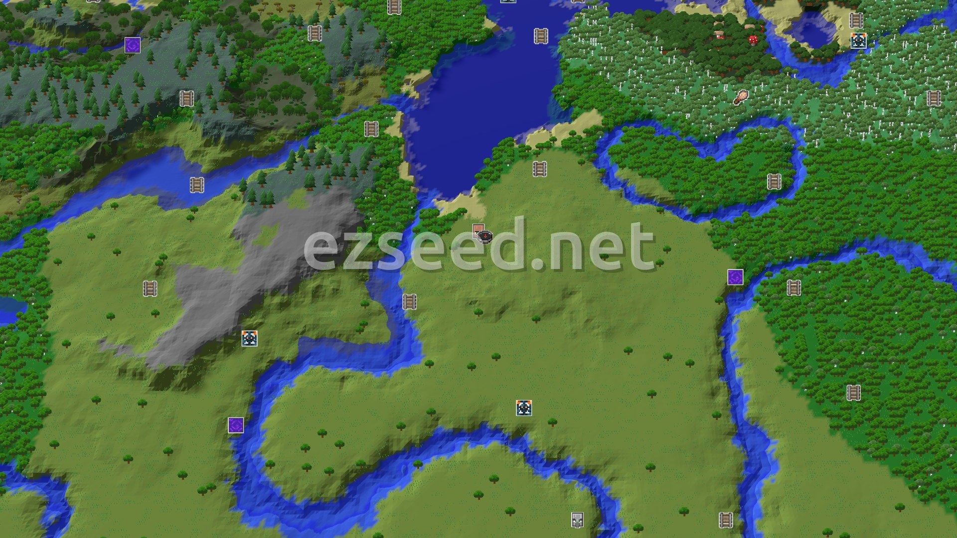 Aerial Minecraft seed map — Spawn in a Village, Explore Nearby Hills and Forests