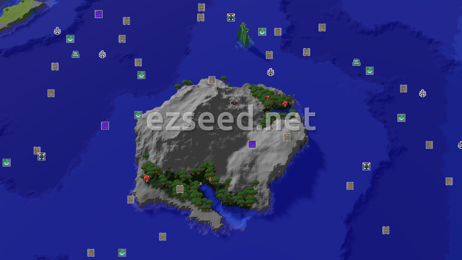Aerial Minecraft seed map — Island Dark Forest Spawn with Nearby Peaks