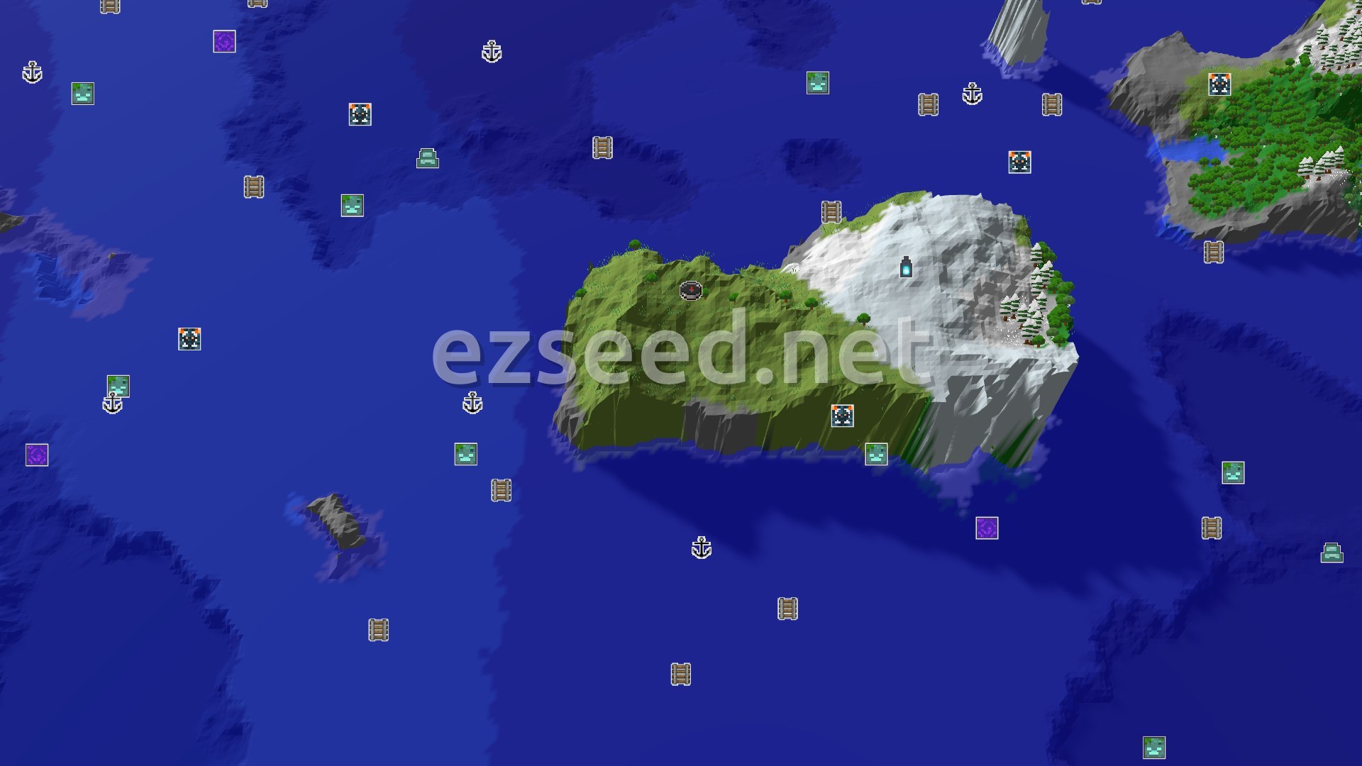 Aerial Minecraft seed map — An Ocean Seed with Nearby Peaks and Underground Loot