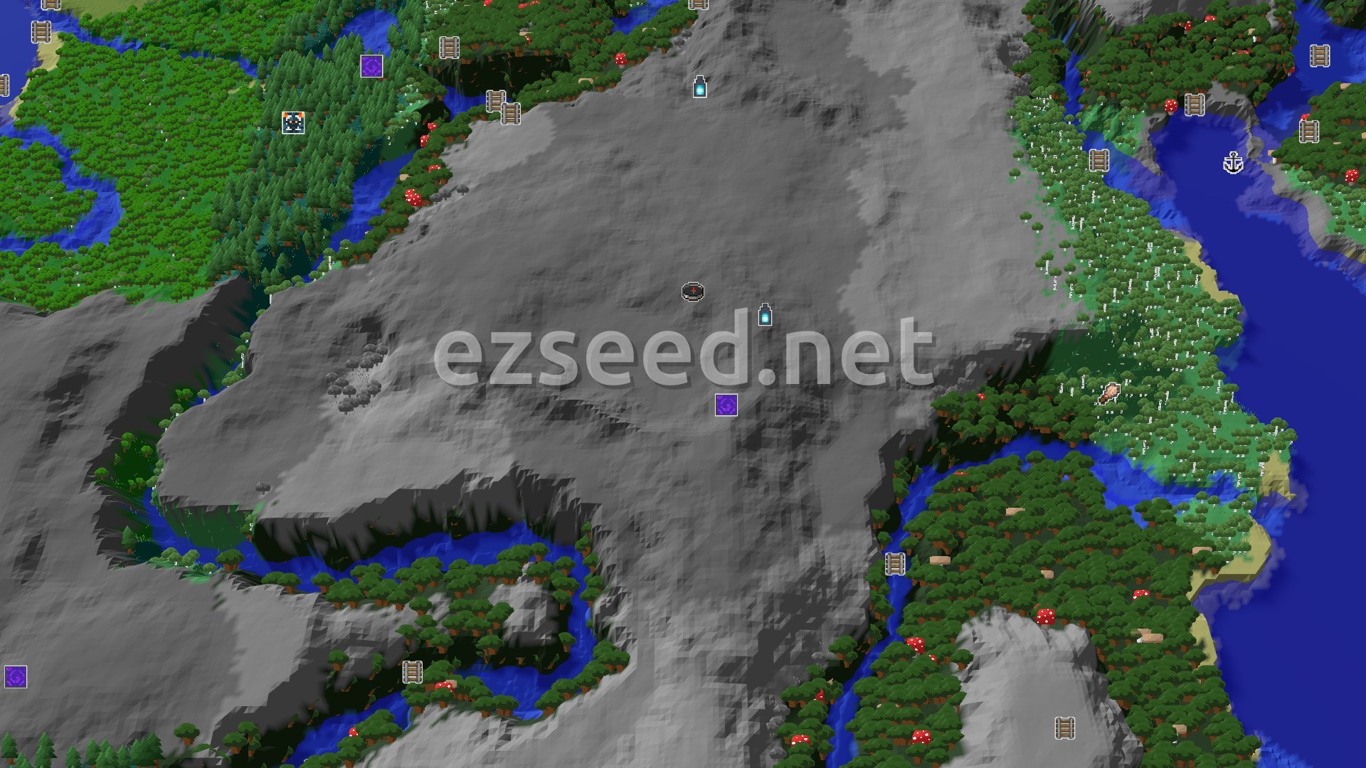 Aerial Minecraft seed map — Ancient City Next to Spawn in a Pale Garden