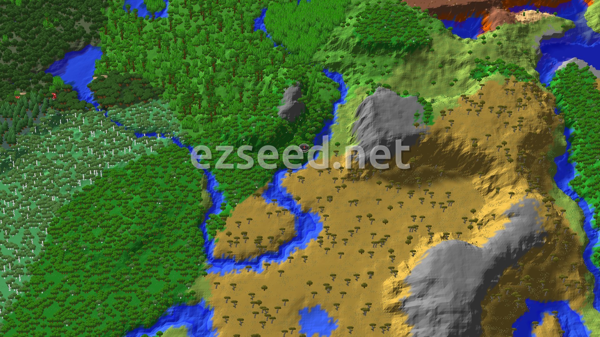An aerial view showing a dense forest surrounding a spawn marker, with a winding river leading to a large savanna biome and rugged badlands terrain to the east.