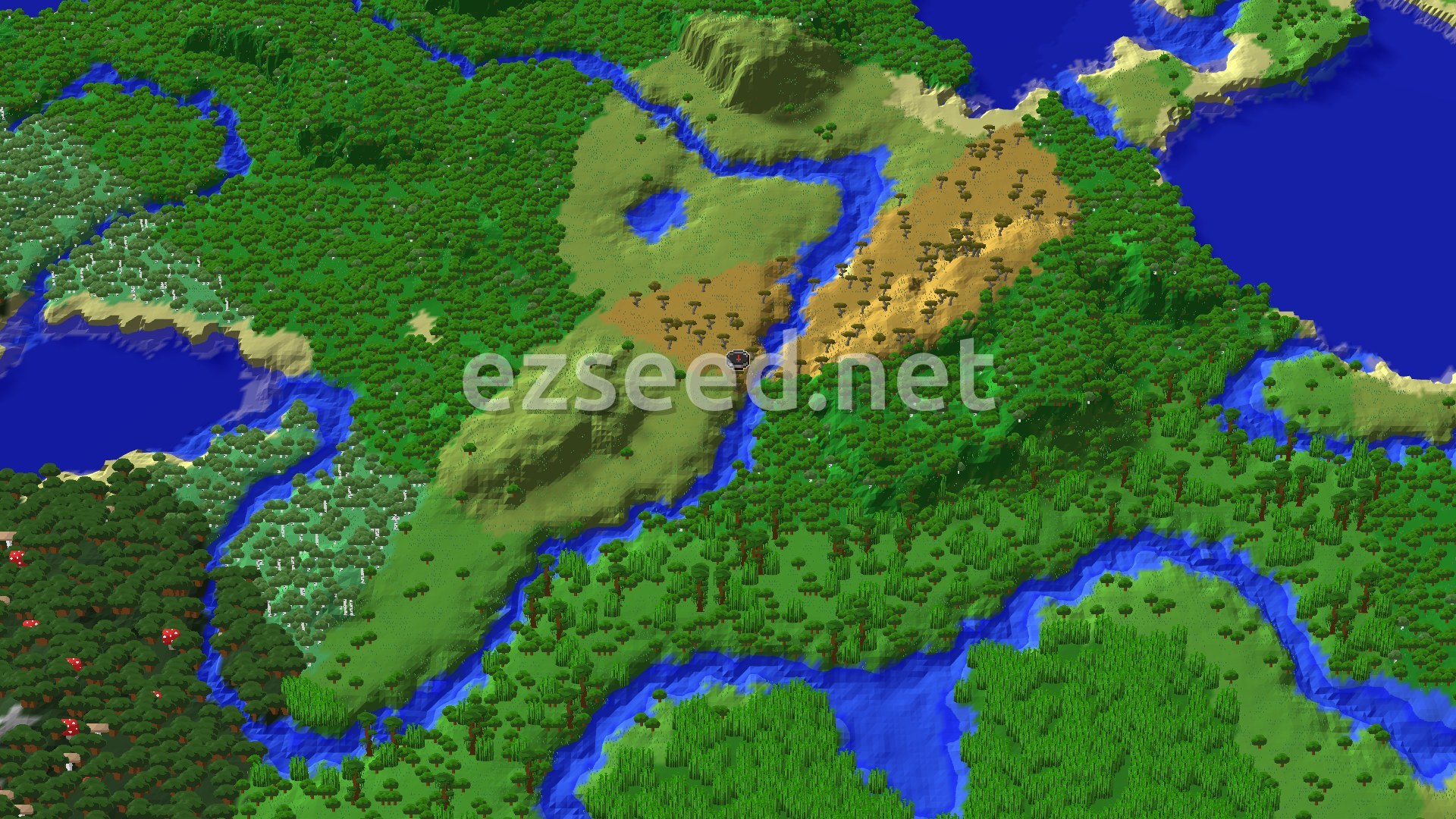 Aerial Minecraft seed map — Savanna Spawn with a Close Woodland Mansion
