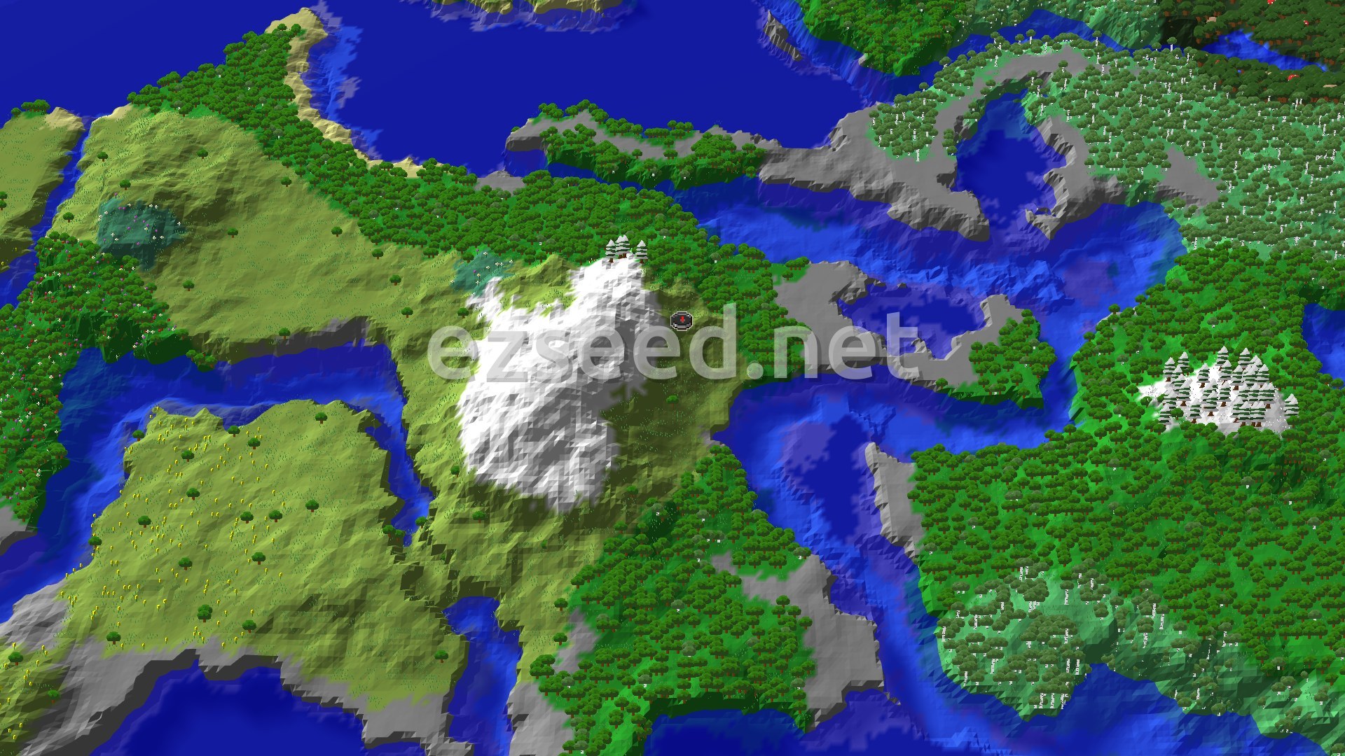 Aerial Minecraft seed map — Village and Snowy Slopes Near Spawn