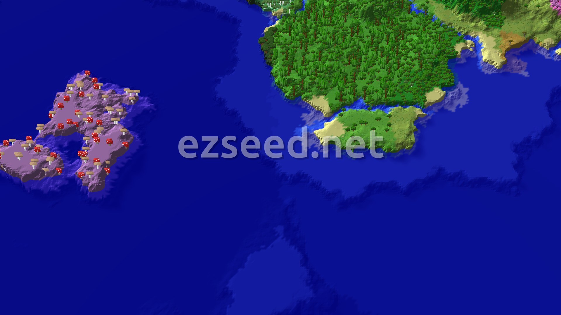 Aerial Minecraft seed map — Mushroom Fields and a Woodland Mansion Near Spawn