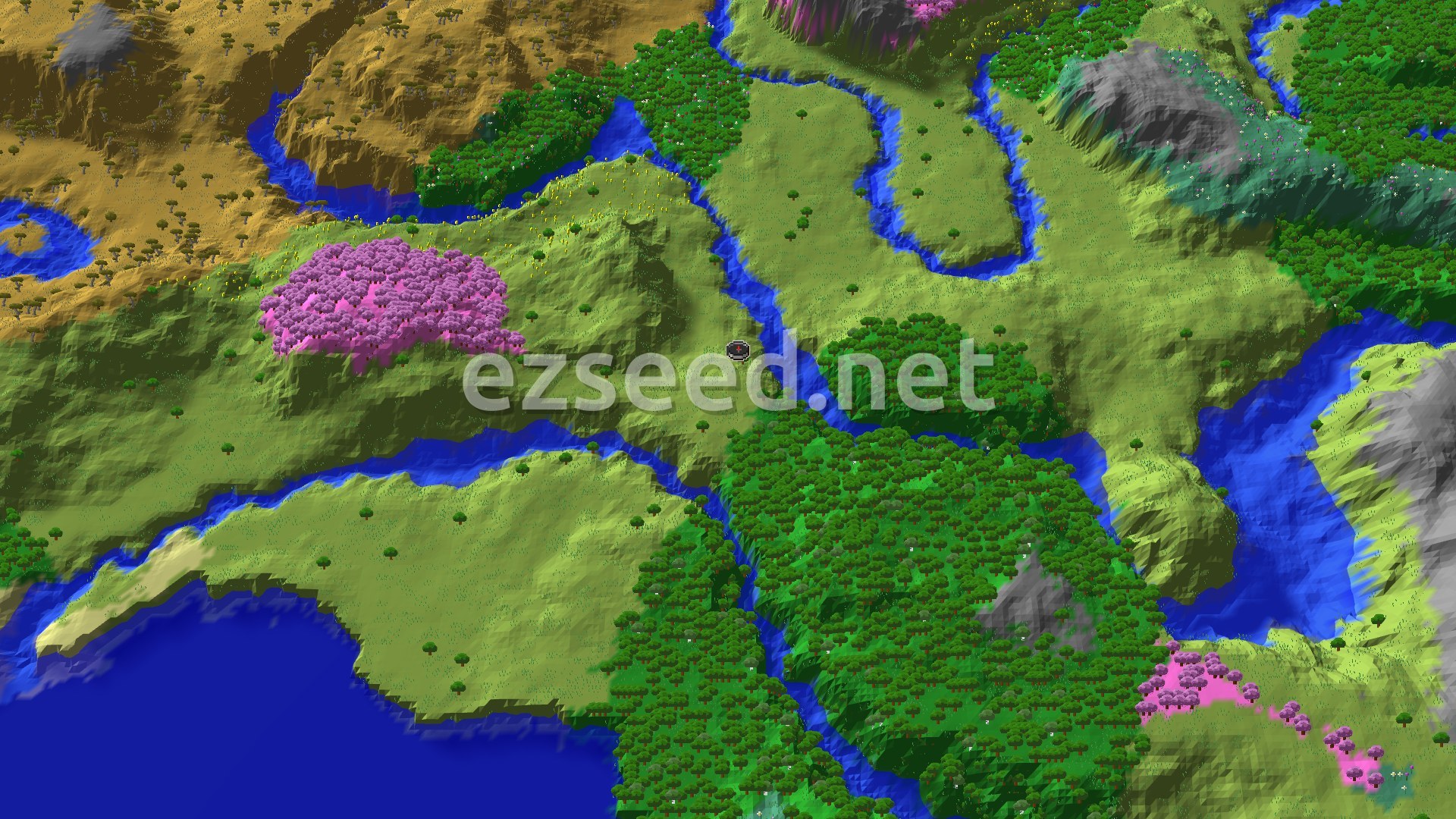 Aerial Minecraft seed map — Village with Nearby Cherry Grove and Ancient City