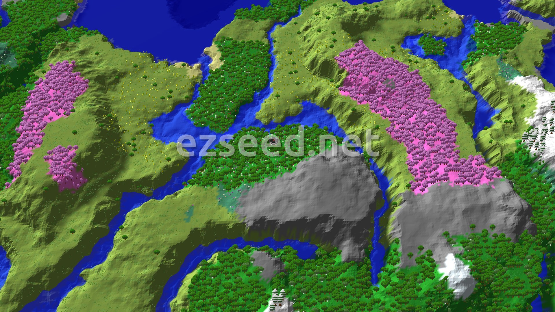 An aerial view showing a lush green landscape with winding rivers, patches of vibrant pink cherry trees, and some grey, rocky mountains.