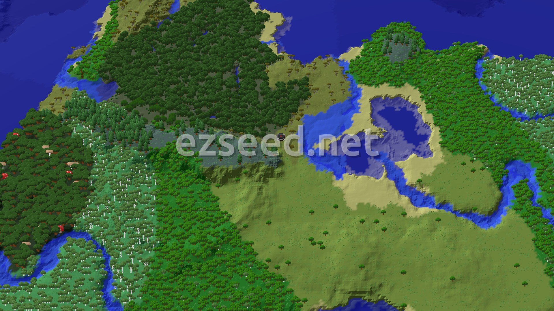 Aerial Minecraft seed map — Trial Chambers and Mangrove Swamps Close to Spawn
