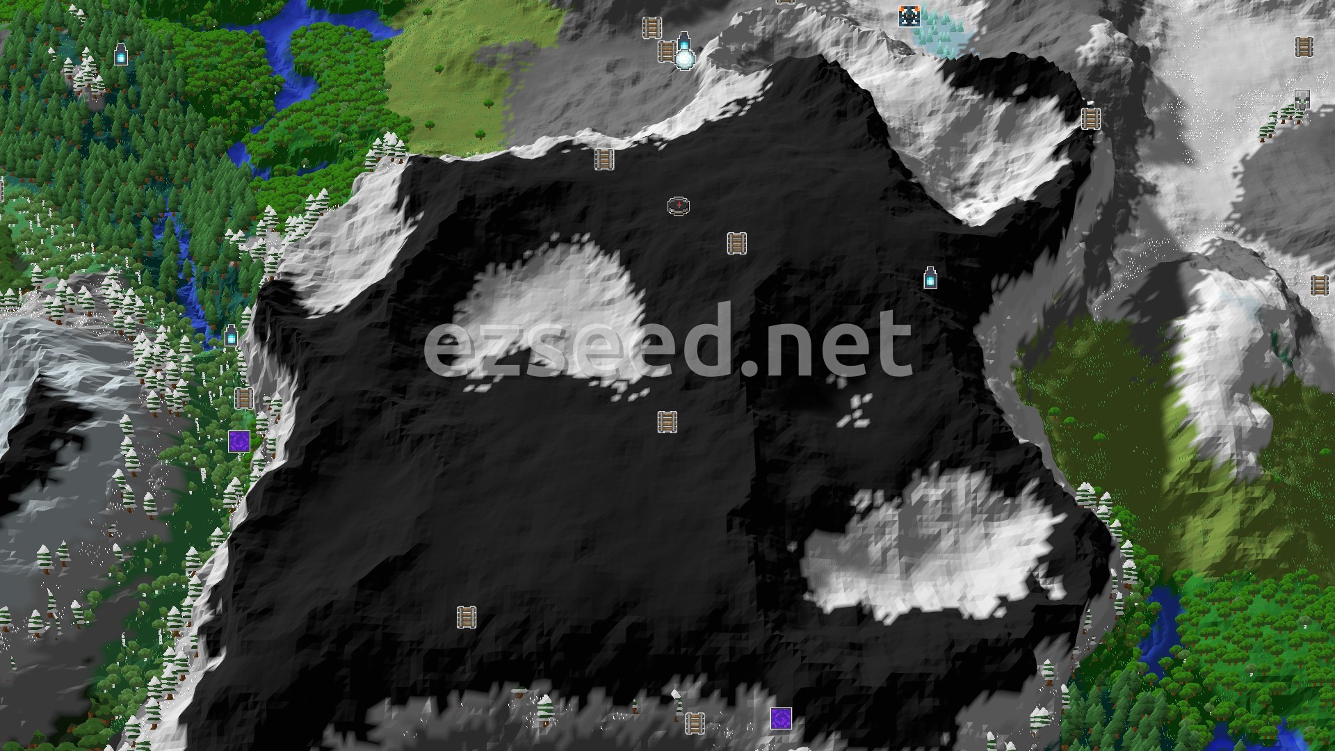 Aerial Minecraft seed map — A Jagged Peaks Spawn with an Ancient City Nearby