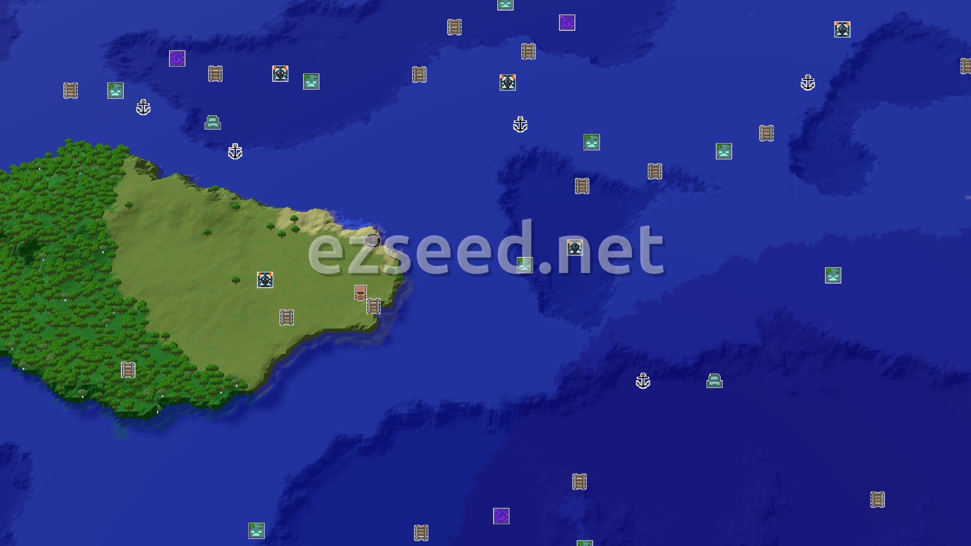 Aerial Minecraft seed map — Island Spawn with Nearby Village and Underwater Loot