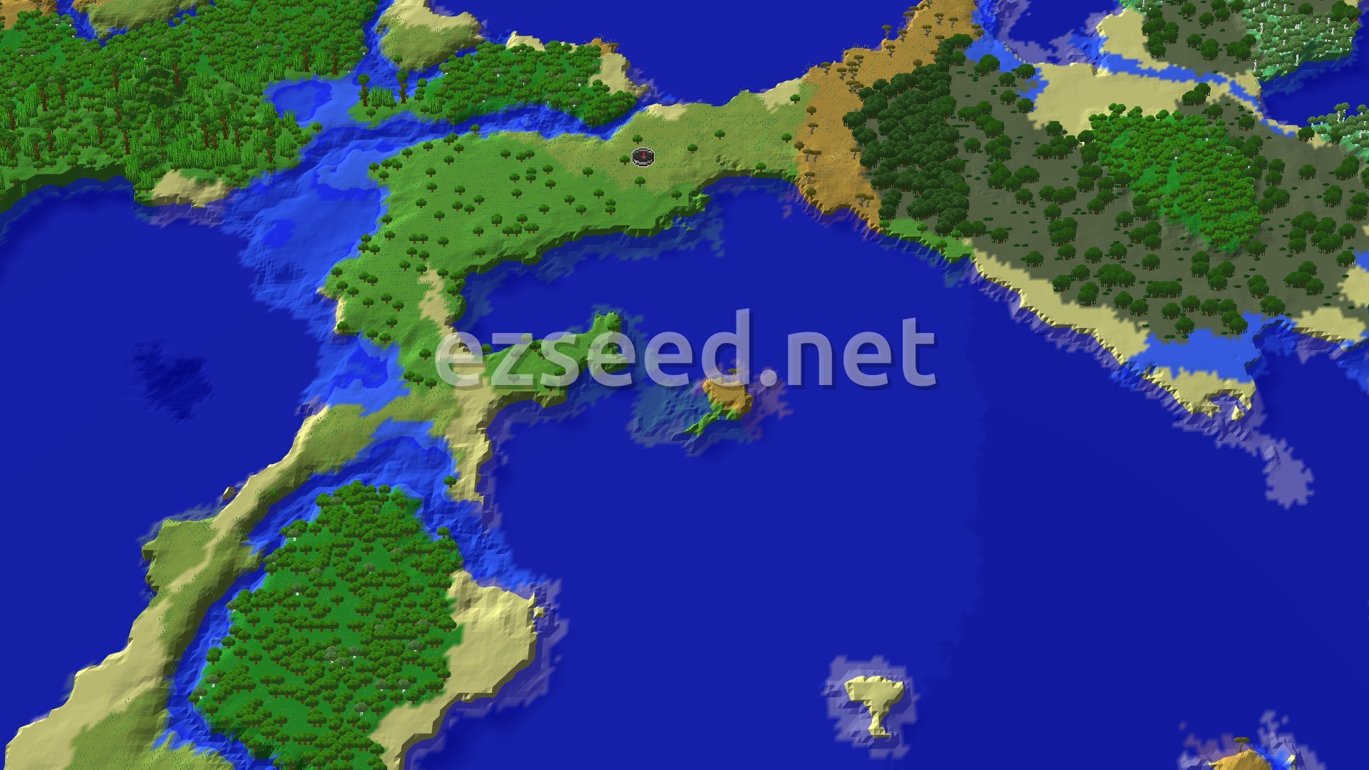 An overhead map view showing a large island covered mostly in green trees and some lighter green plains, surrounded by blue ocean. A small red marker indicates the spawn point on the island.