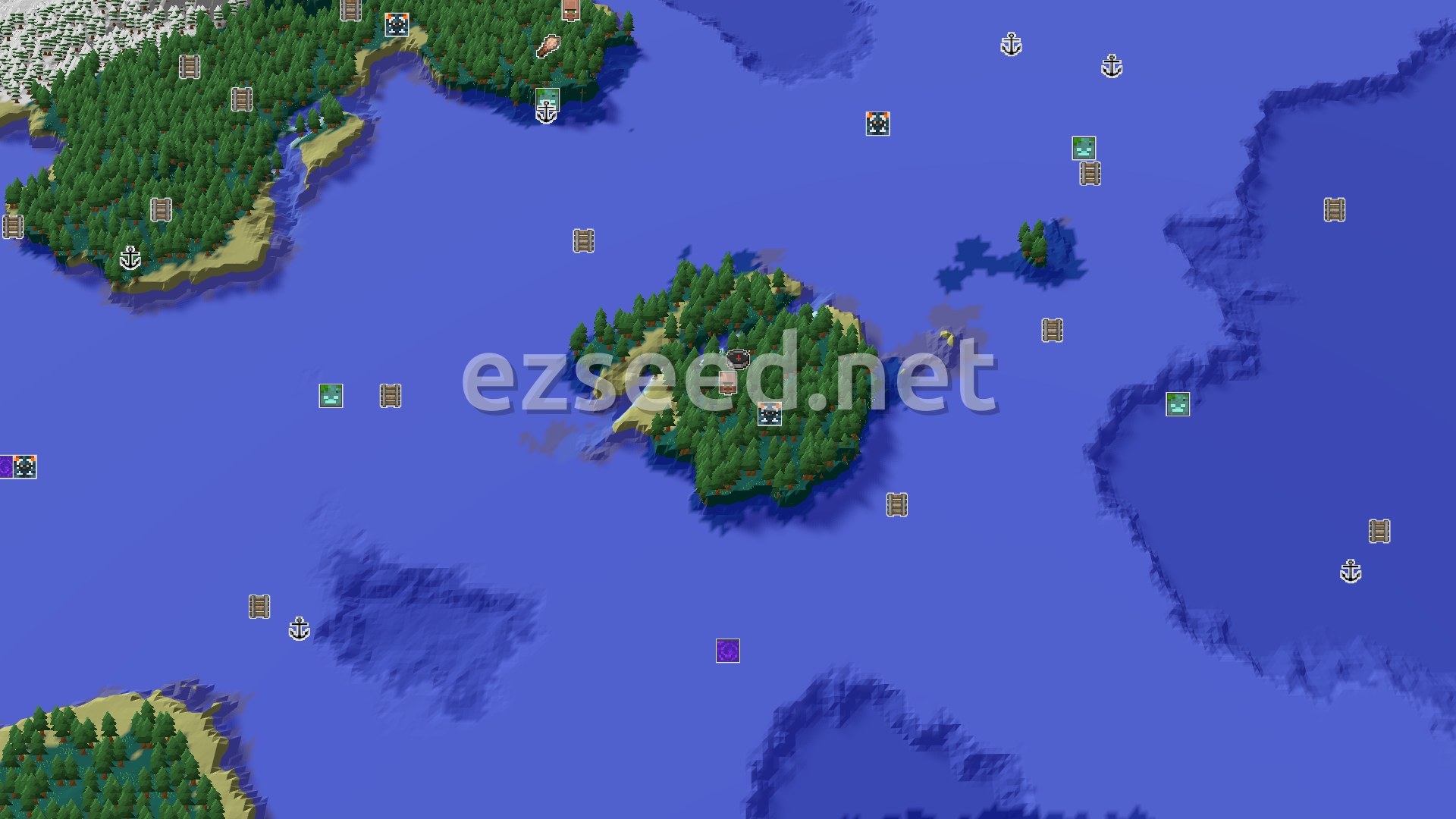 An aerial view of a small, tree-covered island in a blue ocean, with a snowy mainland visible in the distance to the north.