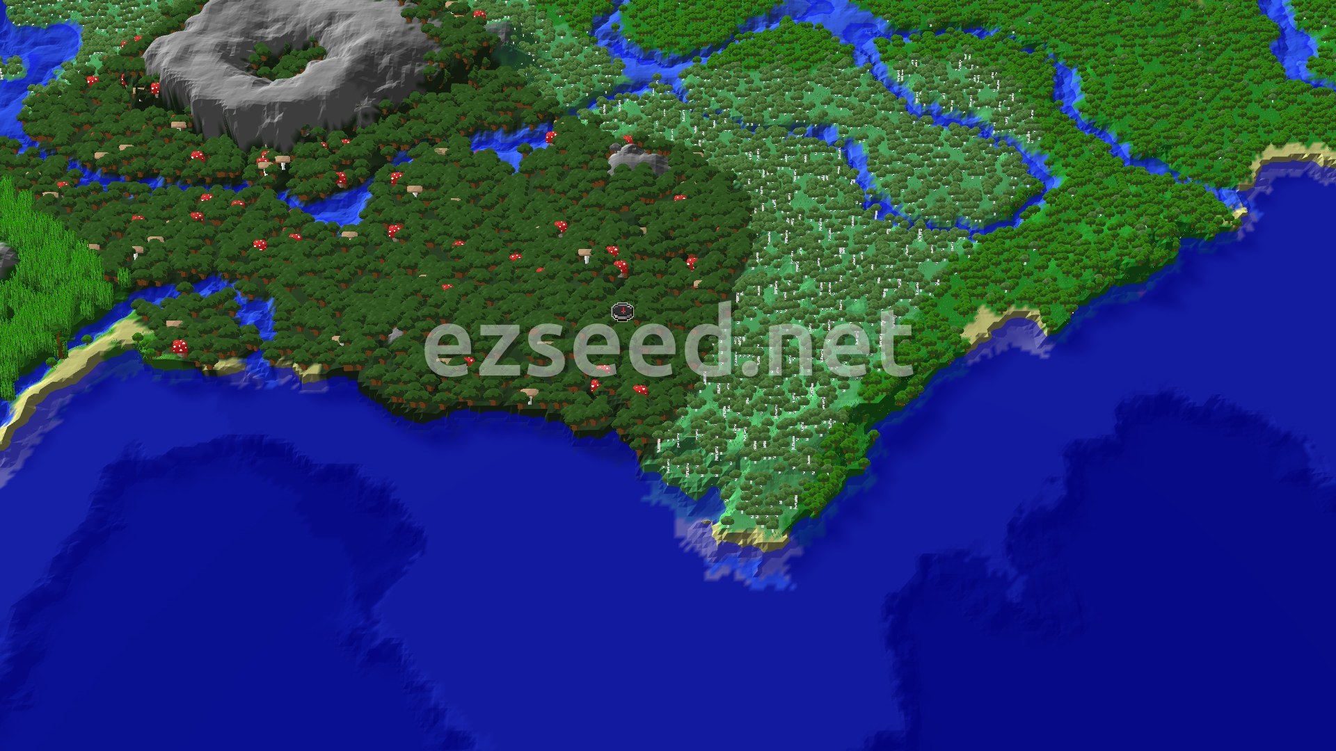 Aerial Minecraft seed map — Dark Forest Spawn with a Nearby Pale Garden and Trial Chambers
