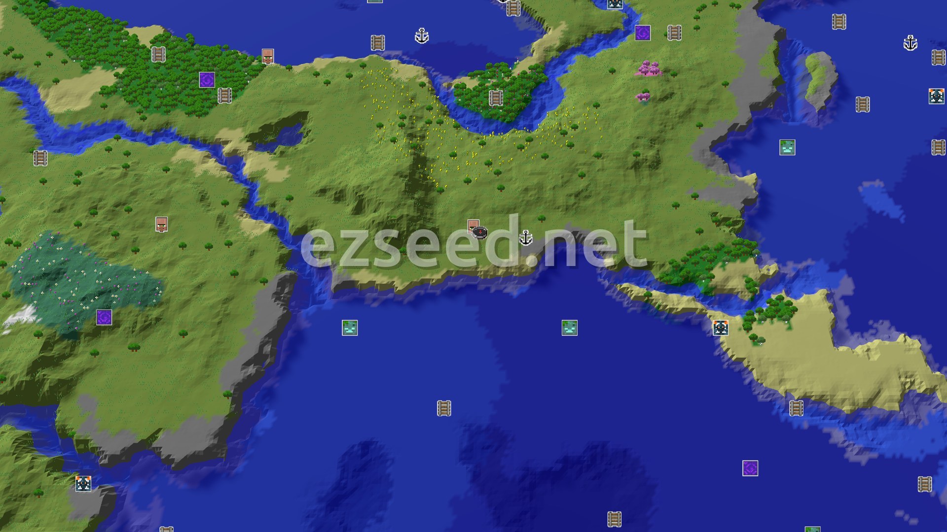 Aerial Minecraft seed map — A Village-Adjacent Start with Distant Cherry Groves