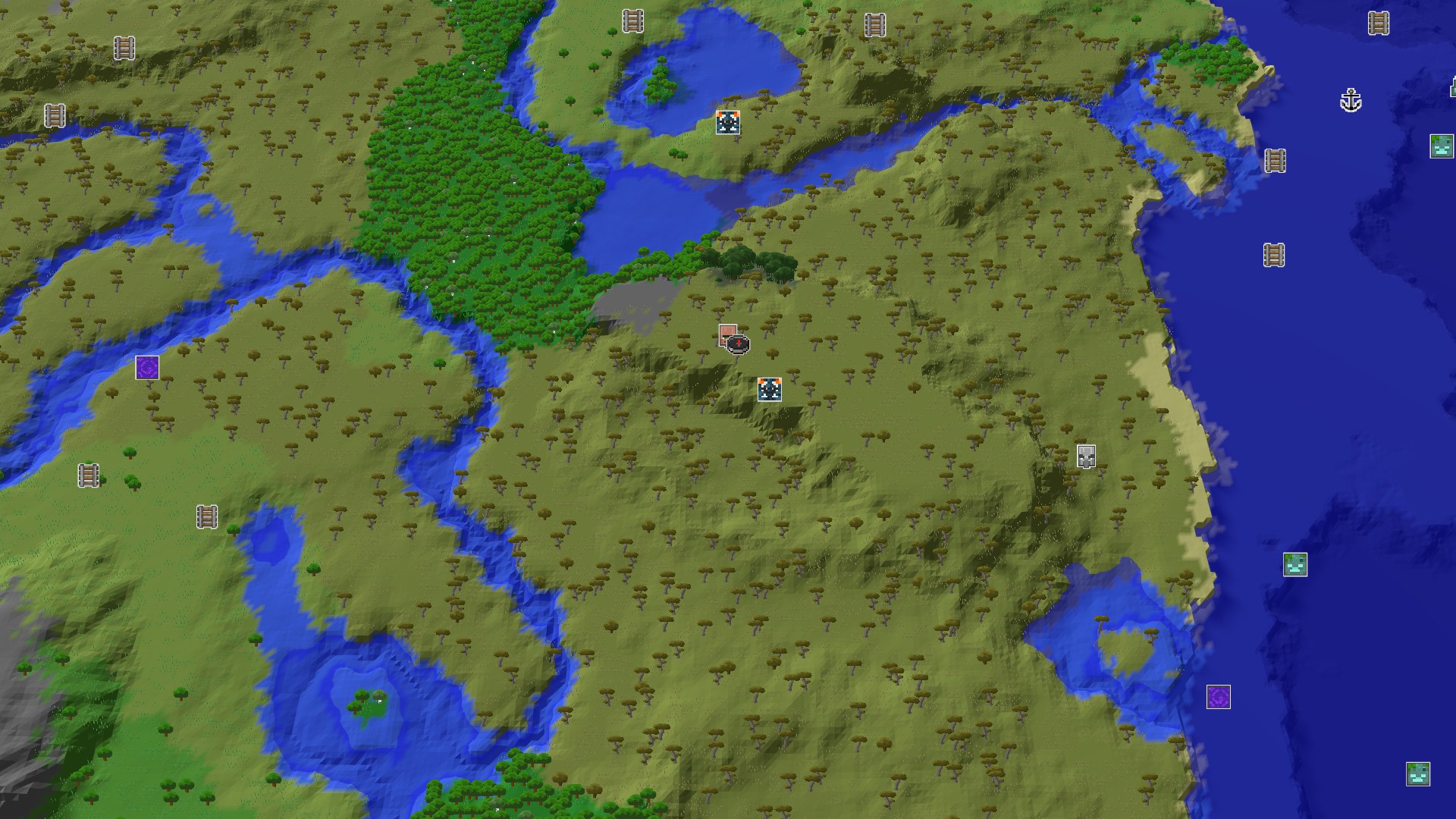 A 3D fly-over of a Savanna biome at the center, with rivers and forests winding through the landscape, eventually meeting an ocean to the east. Several small lakes are visible. The terrain is gently rolling with scattered acacia trees.