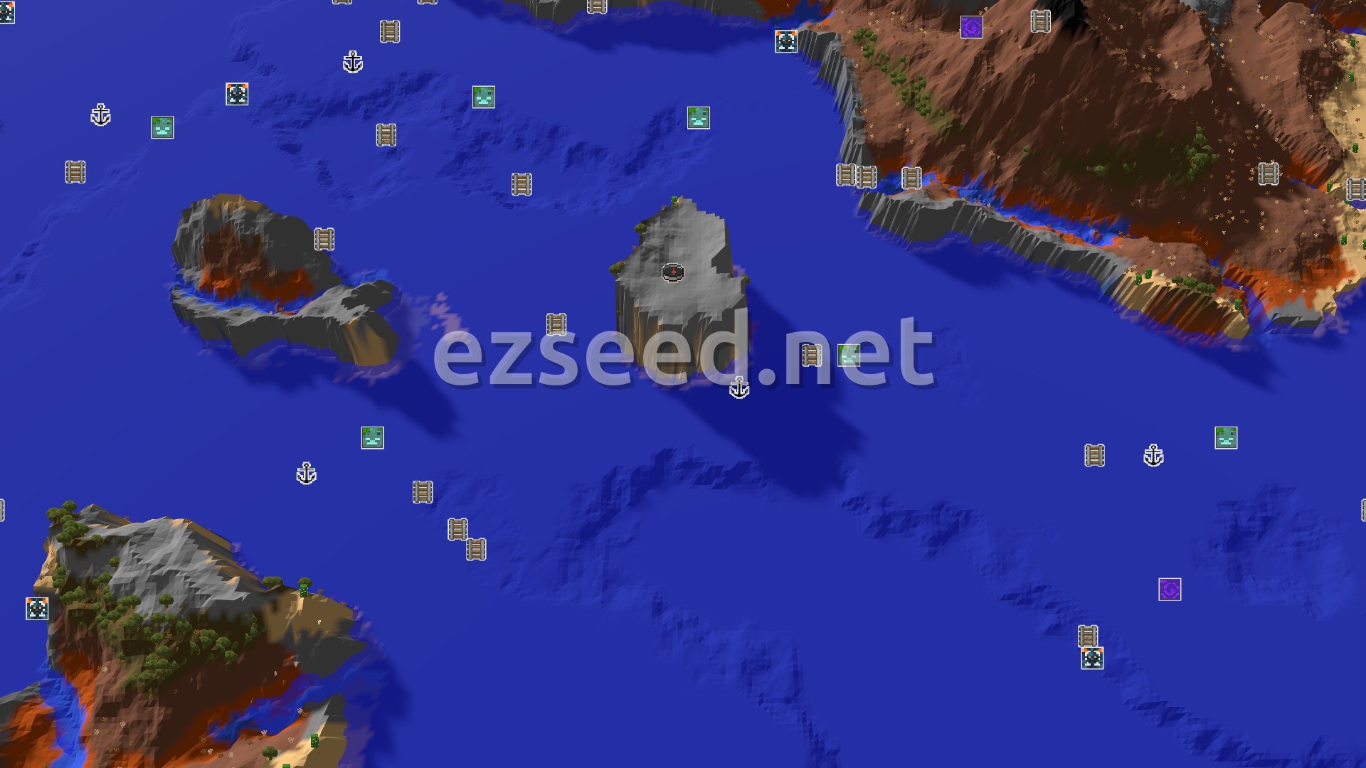 Aerial Minecraft seed map — Wooded Badlands Spawn with Close Shipwreck