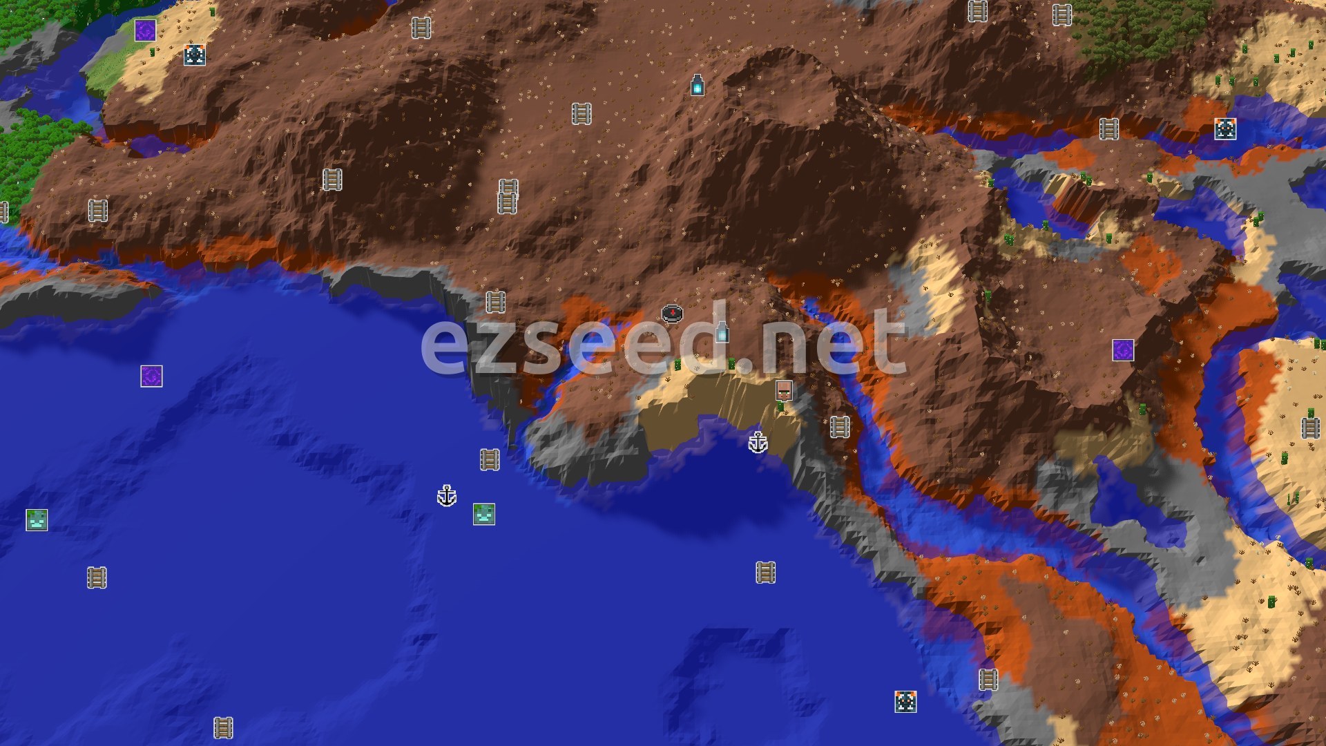 Aerial Minecraft seed map — Eroded Badlands Spawn with Close Underground Loot