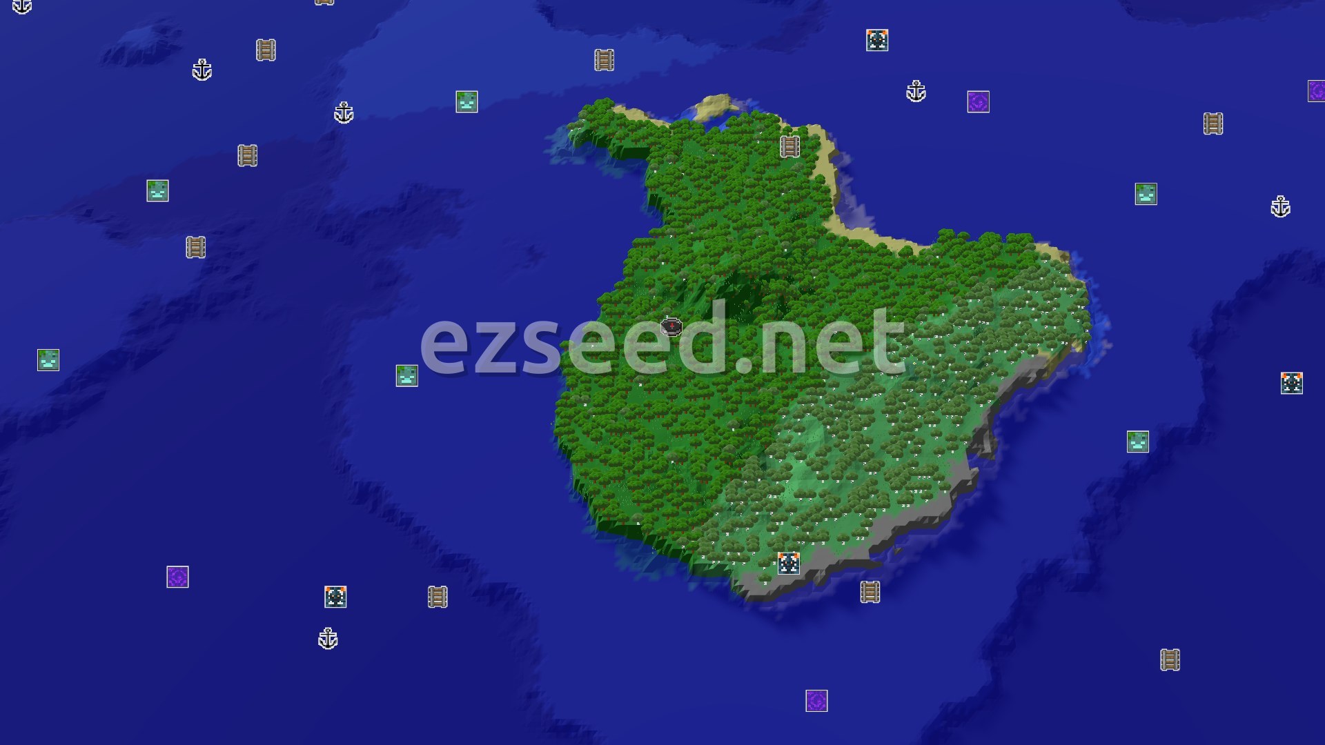 Aerial Minecraft seed map — Island Forest Spawn with Nearby Trial Chambers