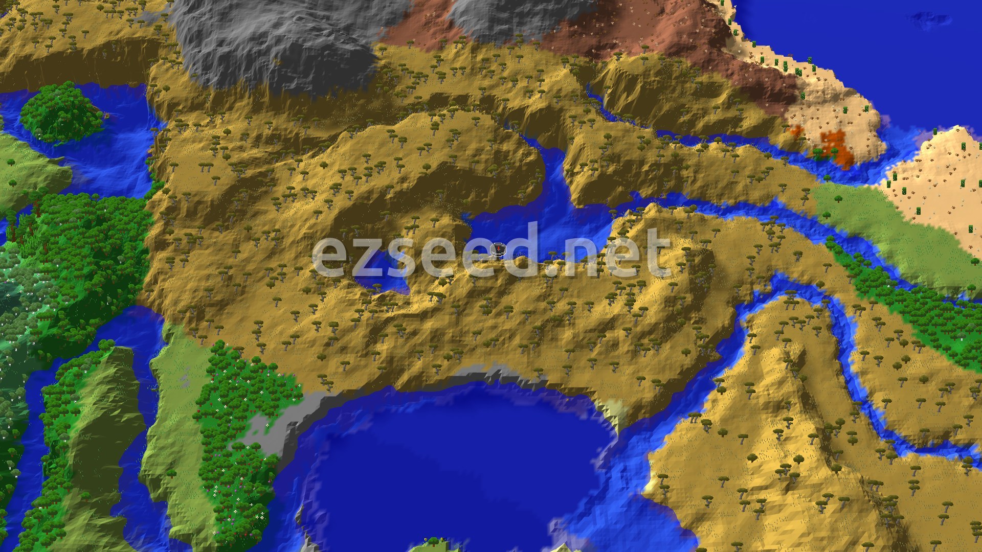 Aerial Minecraft seed map — Savanna Spawn with a Nearby Ancient City