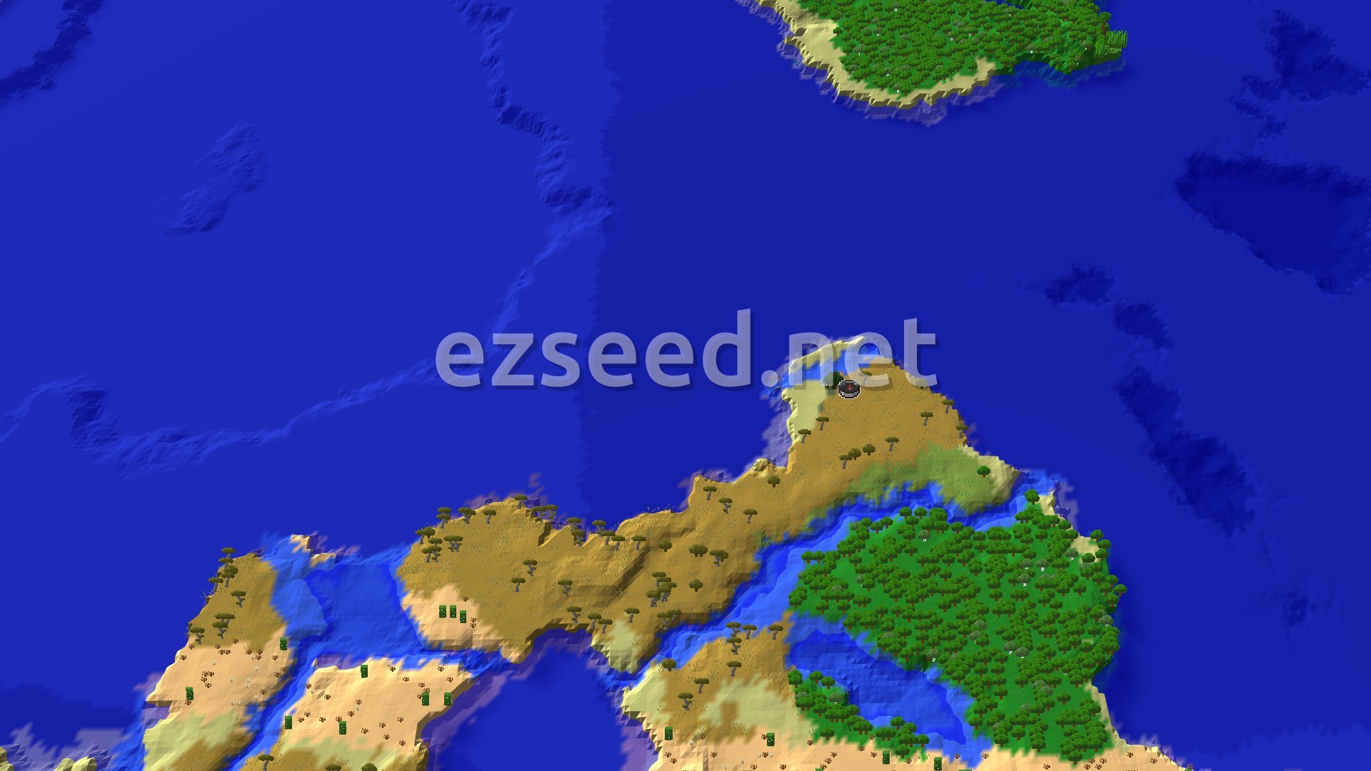 Aerial Minecraft seed map — Coastal Savanna Start With Nearby Badlands