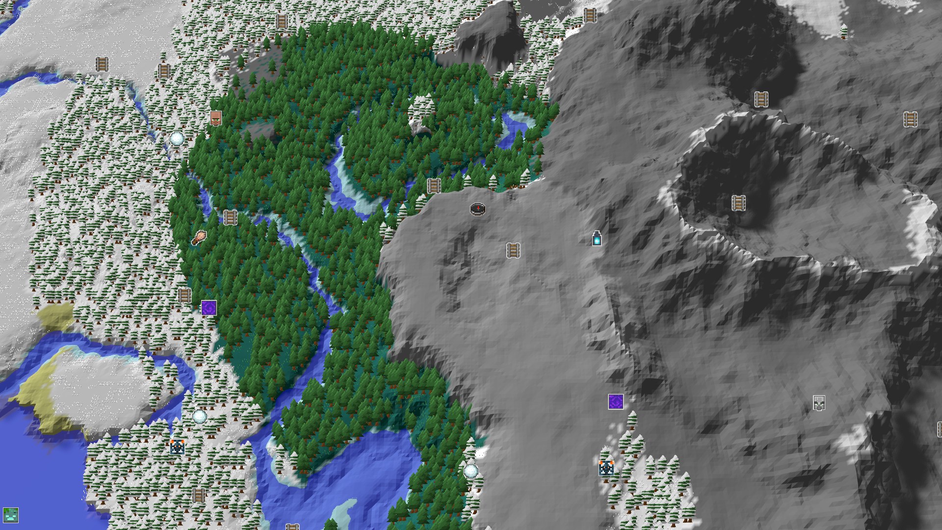 An aerial view of a dense taiga forest transitioning into snowy taiga, with a large, imposing jagged peaks mountain range to the east and a frozen river winding through.