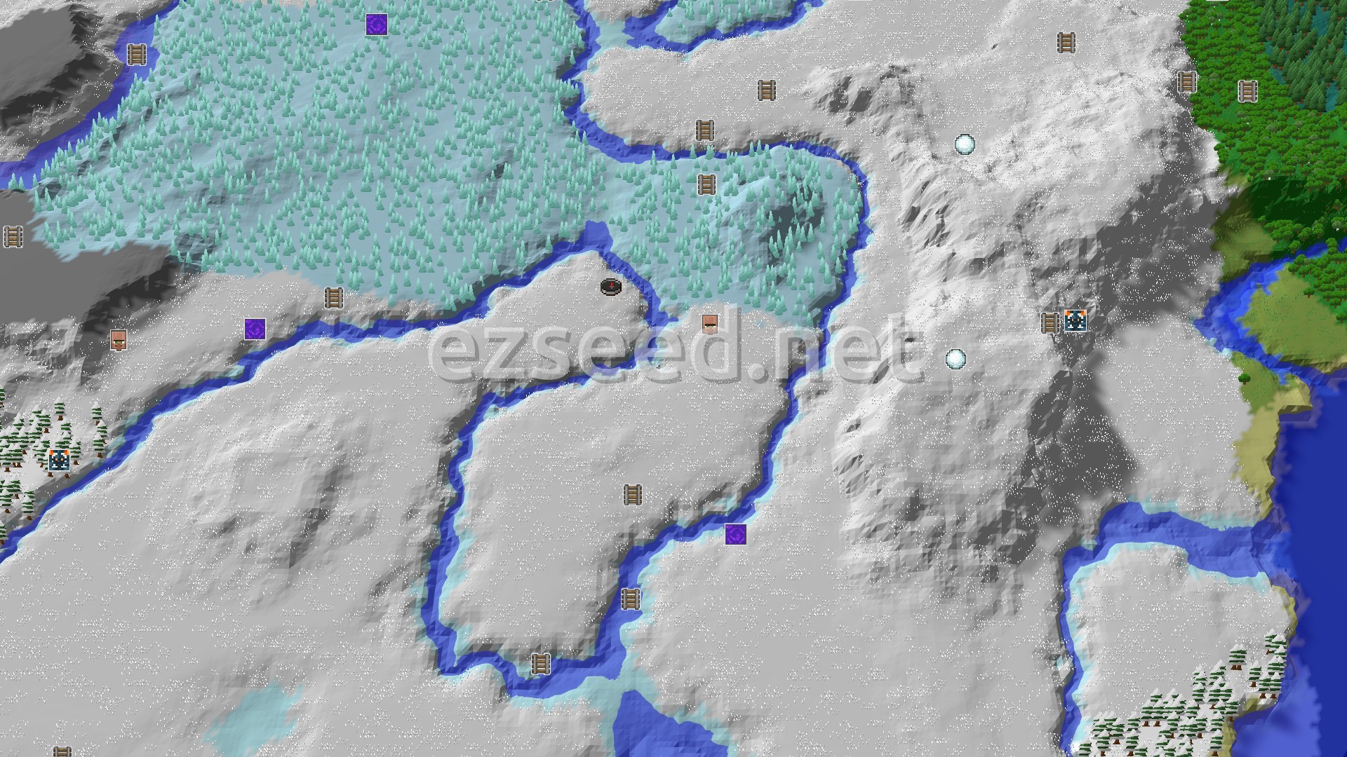 Aerial Minecraft seed map — A village and ice spikes near a snowy spawn