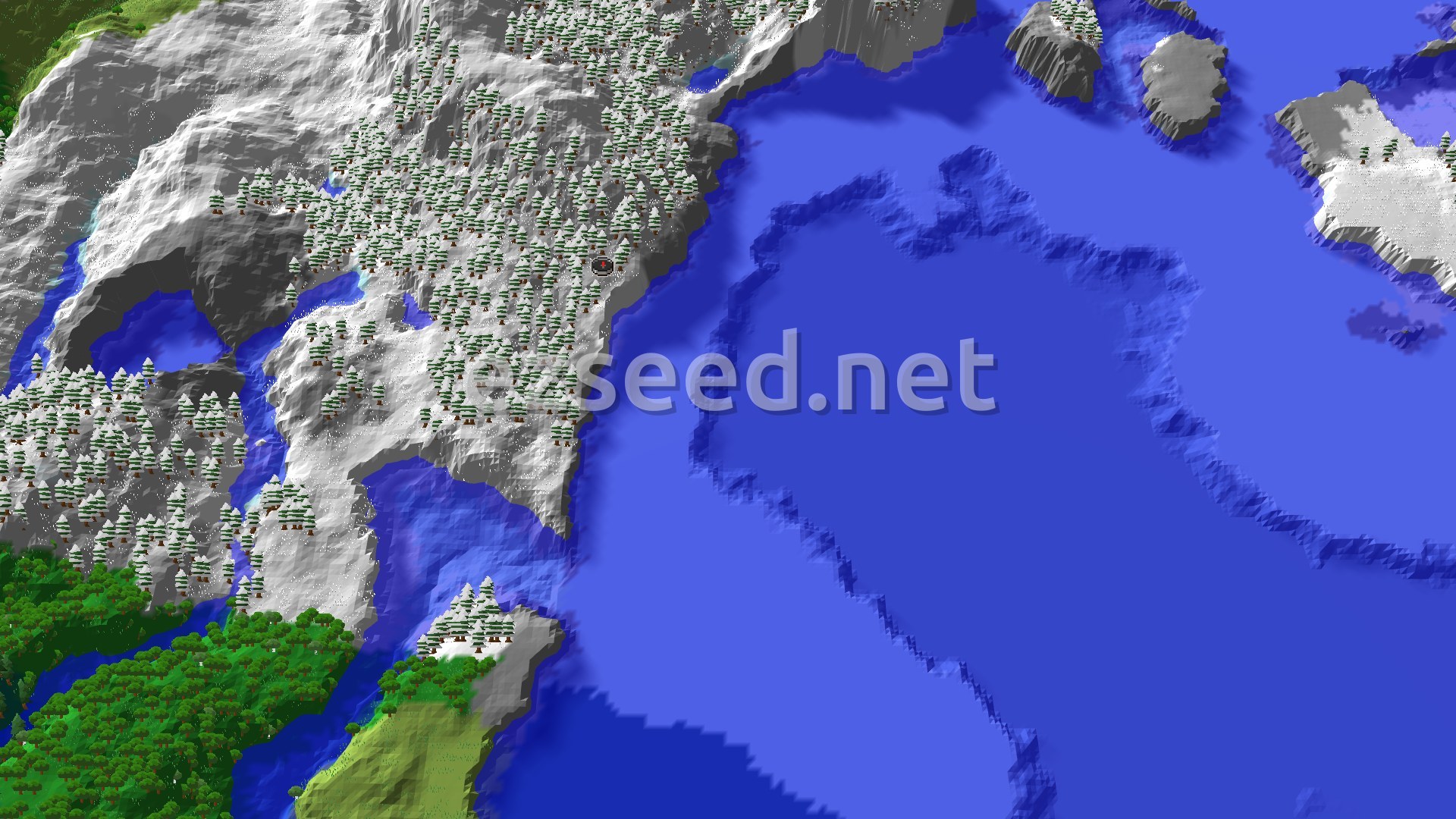 Aerial Minecraft seed map — Frosty Peaks and Ocean Views with a Nearby Trial Chambers