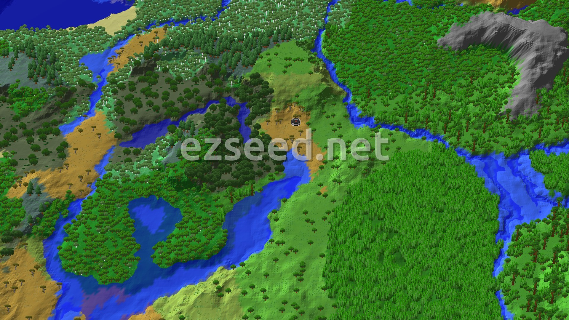 Aerial Minecraft seed map — Spawn in a Savanna with a Nearby Sparse Jungle