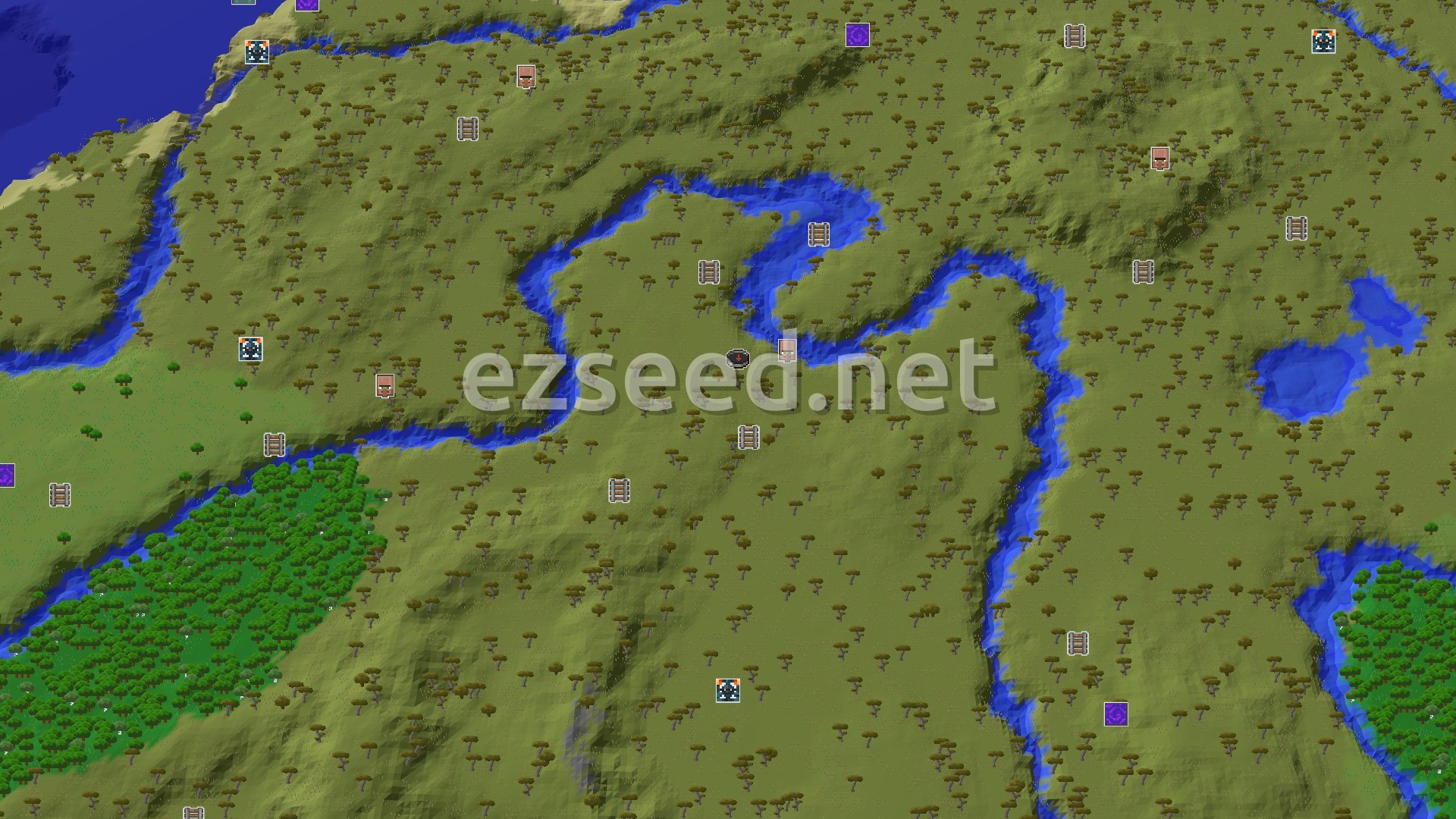 Aerial Minecraft seed map — Savanna Start with a Village Nearby