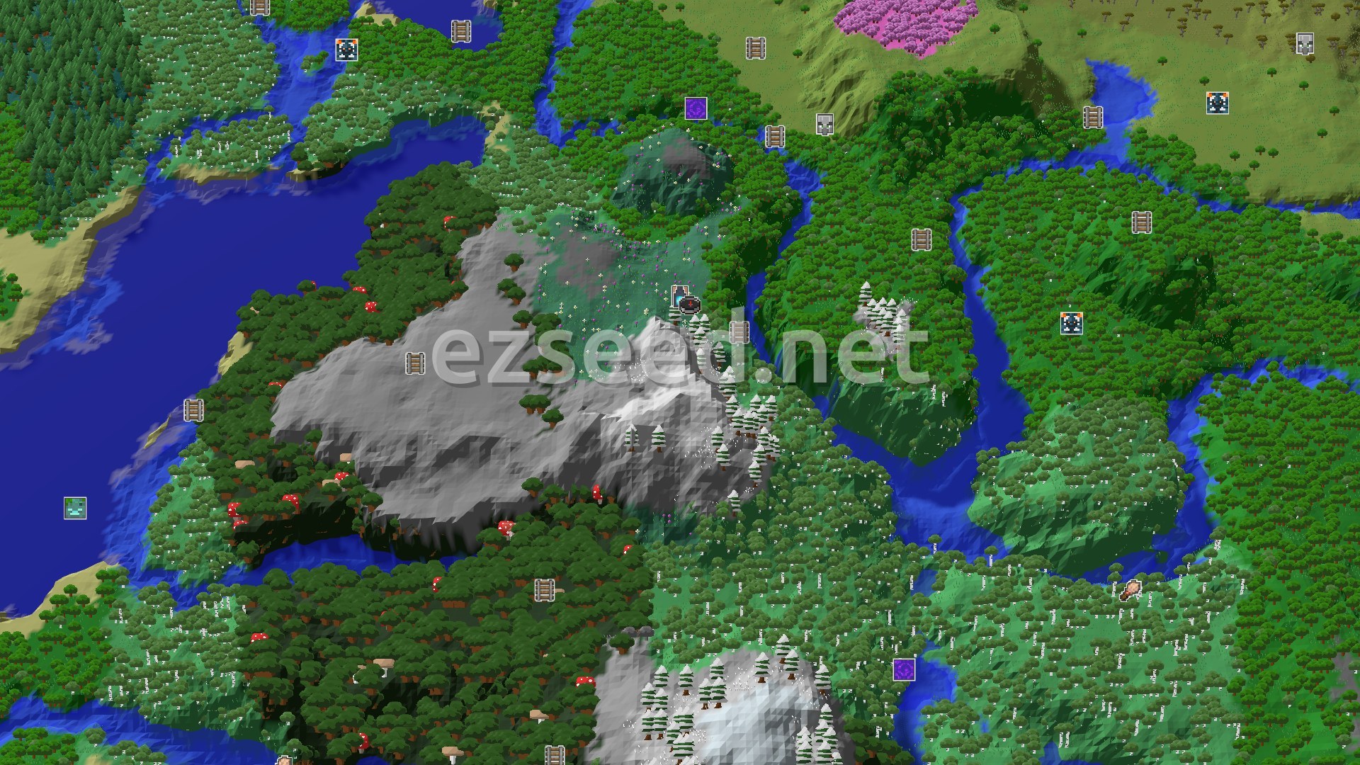 Aerial Minecraft seed map — A Mountainous Start with Nearby Village and Ancient City