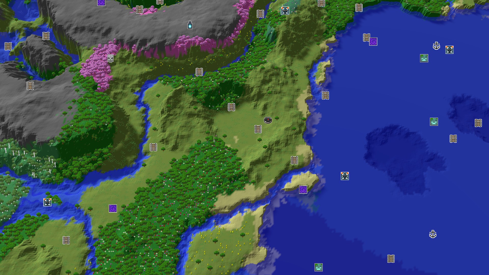 A 3D render of a Minecraft world showing a grassy plains biome with scattered trees at the center, transitioning to a river and an ocean on the right, and a mountainous, forested, and pink-leaved biome to the upper left.