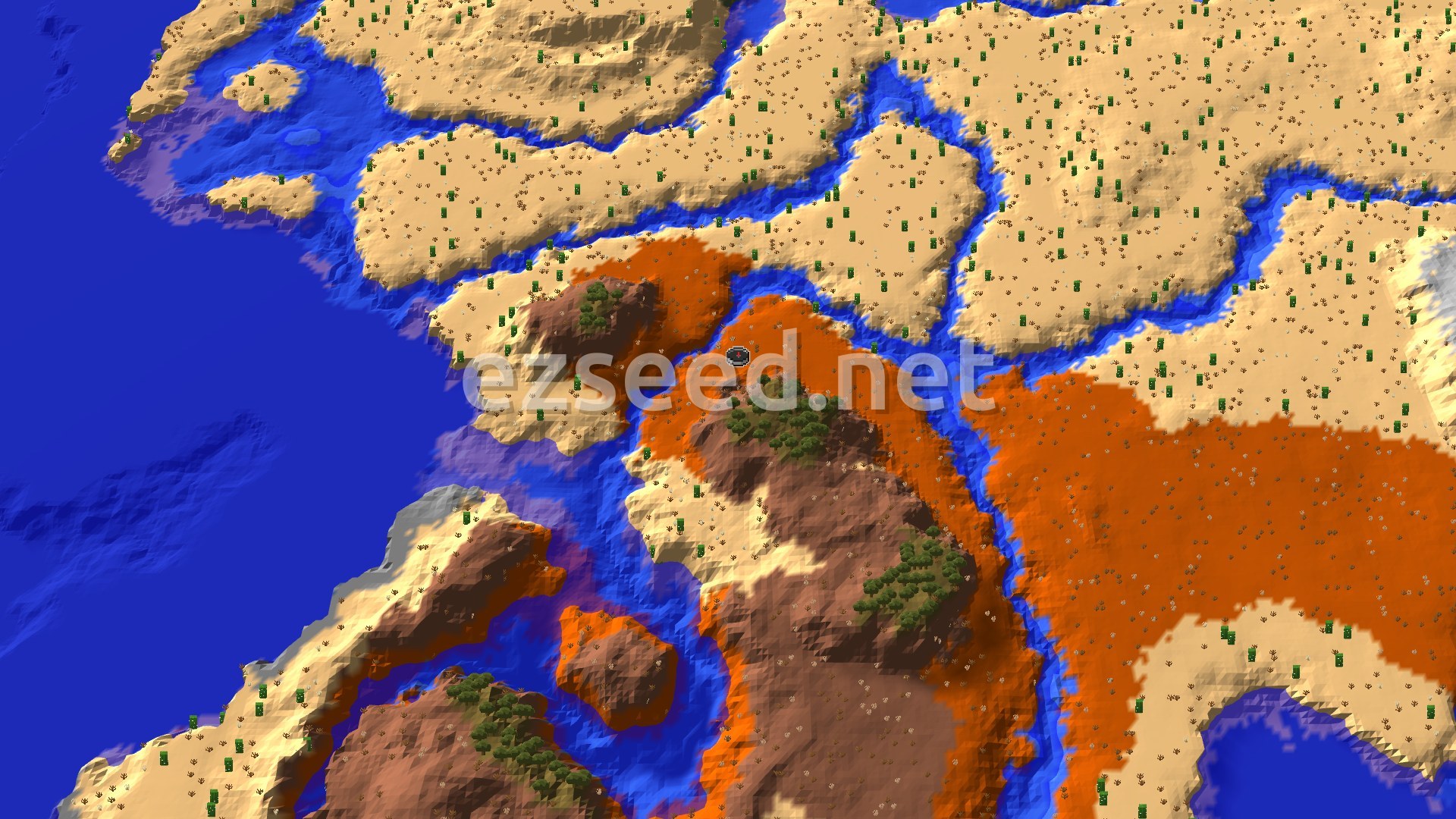 A 3D fly-over view of the spawn area, showing Wooded Badlands terrain with scattered trees, a winding river, and a large expanse of desert, all bordering a warm ocean.