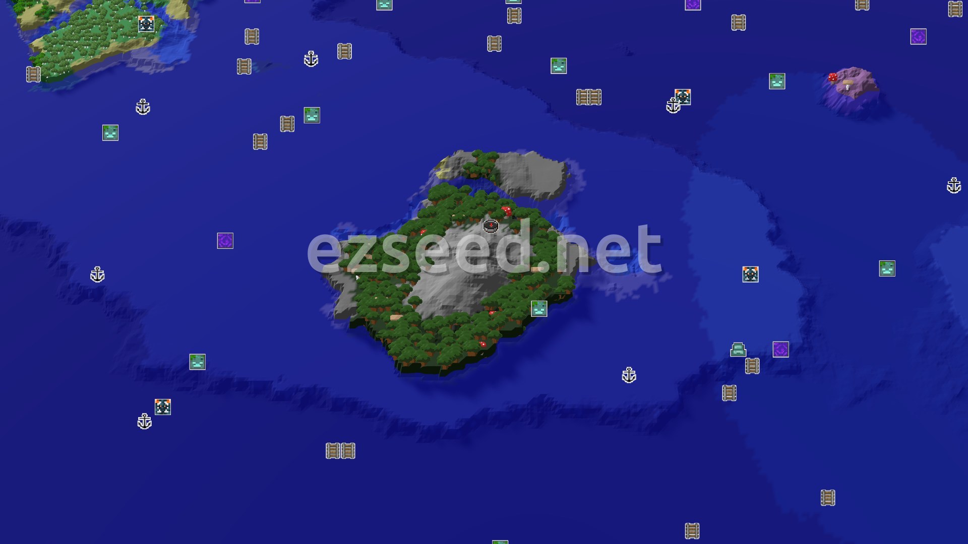 Aerial Minecraft seed map — Island Spawn with Nearby Mushroom Fields