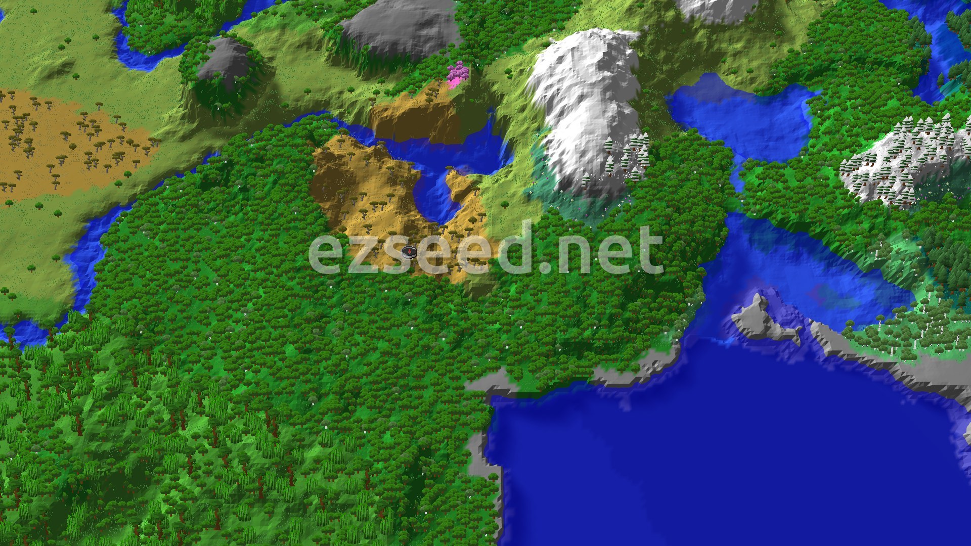 An aerial view of a Minecraft landscape, showing a mix of green forests, a flat savanna, a winding river, and a large snowy mountain range with a lake.