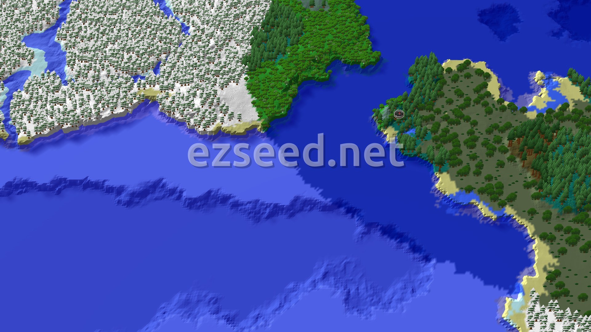 A 3D aerial view of a varied landscape, showing a large taiga forest on the left, a smaller forest island on the right, and expansive blue oceans with beaches in between. A small spawn marker indicates the starting point.