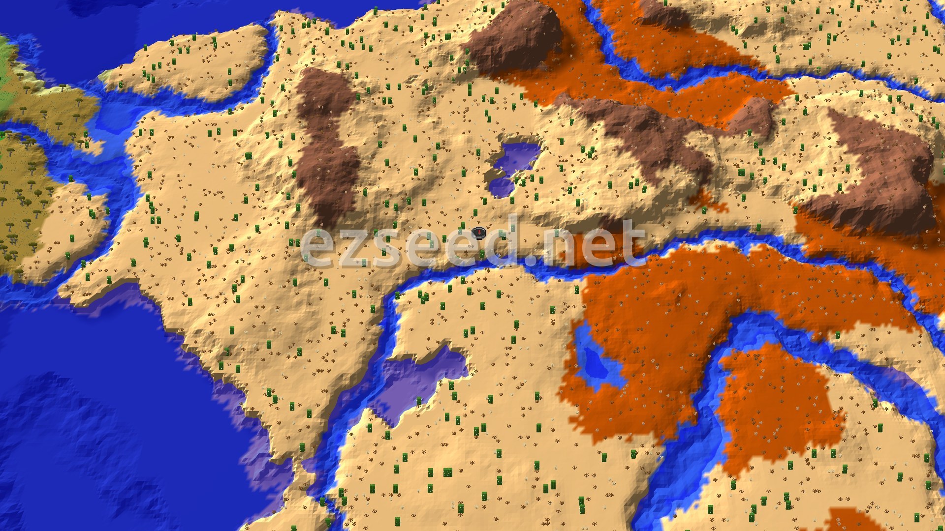 Aerial Minecraft seed map — Spawn in Desert with Nearby Eroded Badlands Peaks