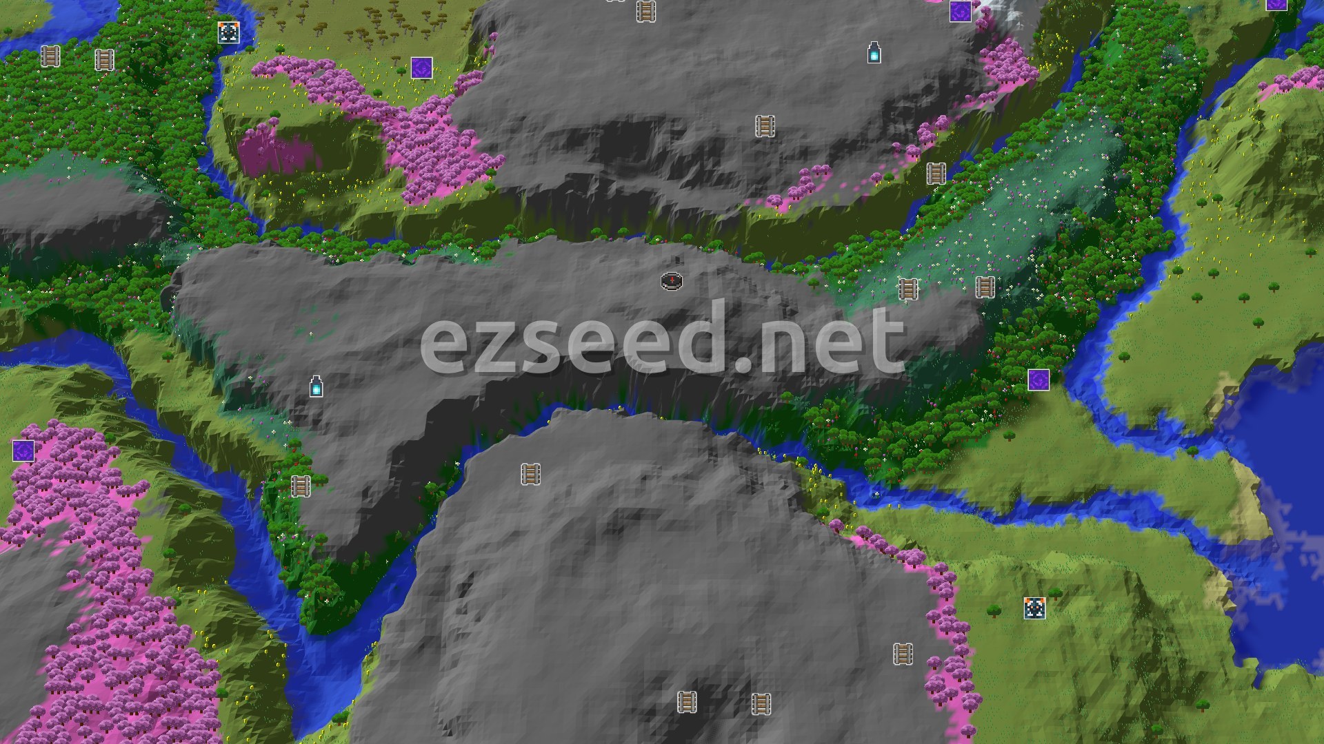Aerial Minecraft seed map — Cherry Grove Mountains and Nearby Trial Chambers