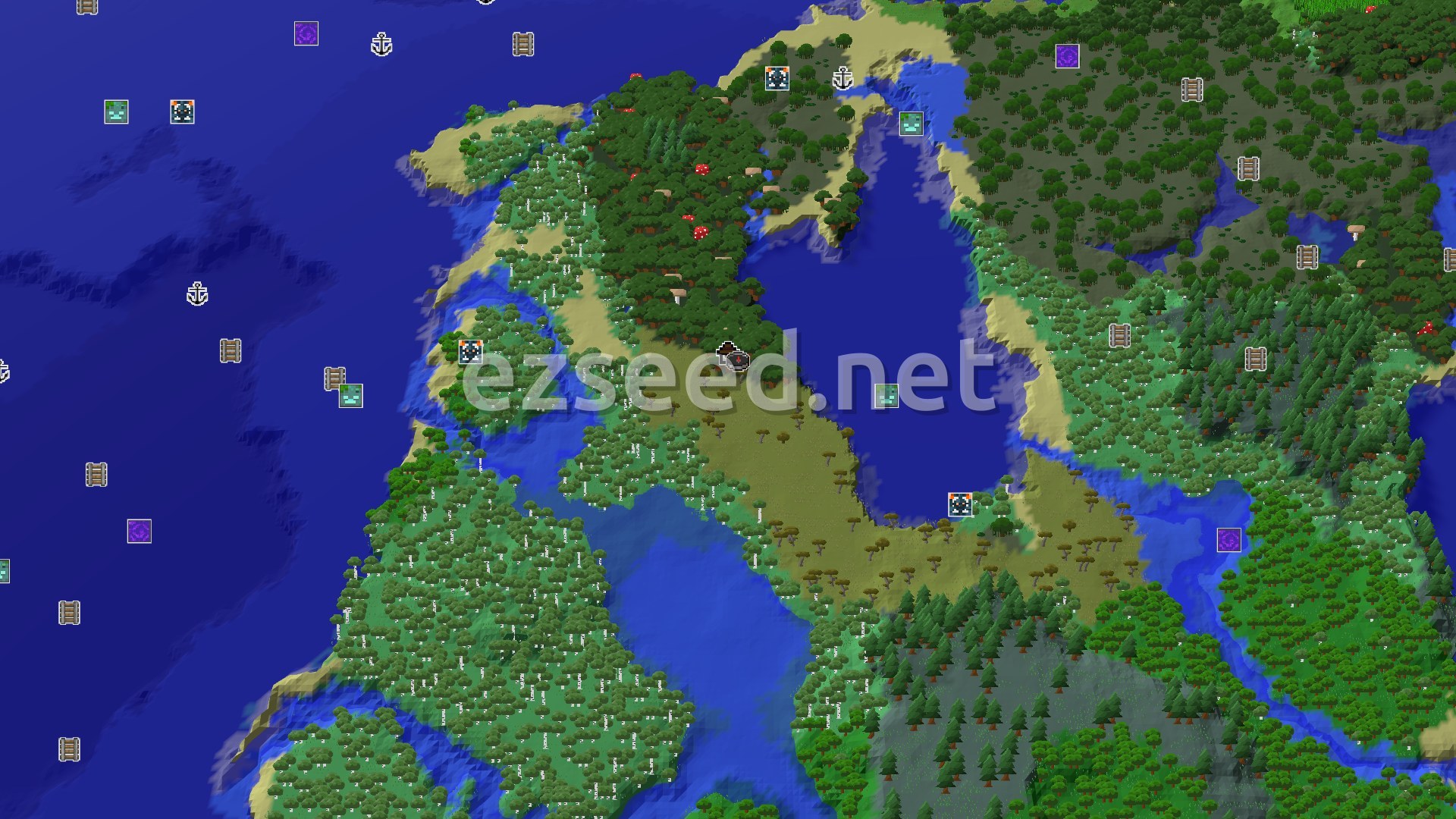 Aerial Minecraft seed map — A Woodland Mansion Right At Spawn