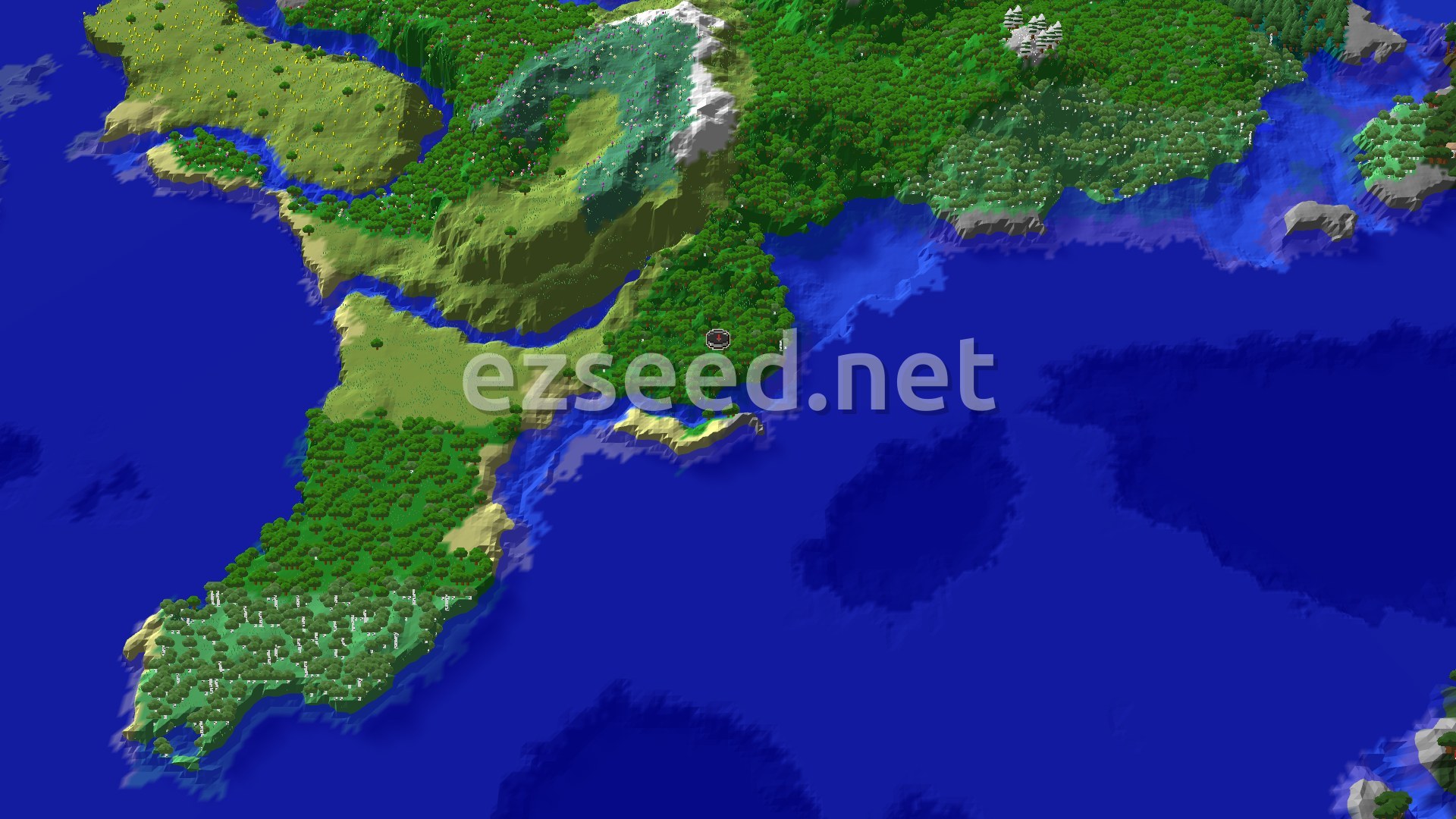 Aerial Minecraft seed map — Forest Spawn with a Close Ancient City Underground