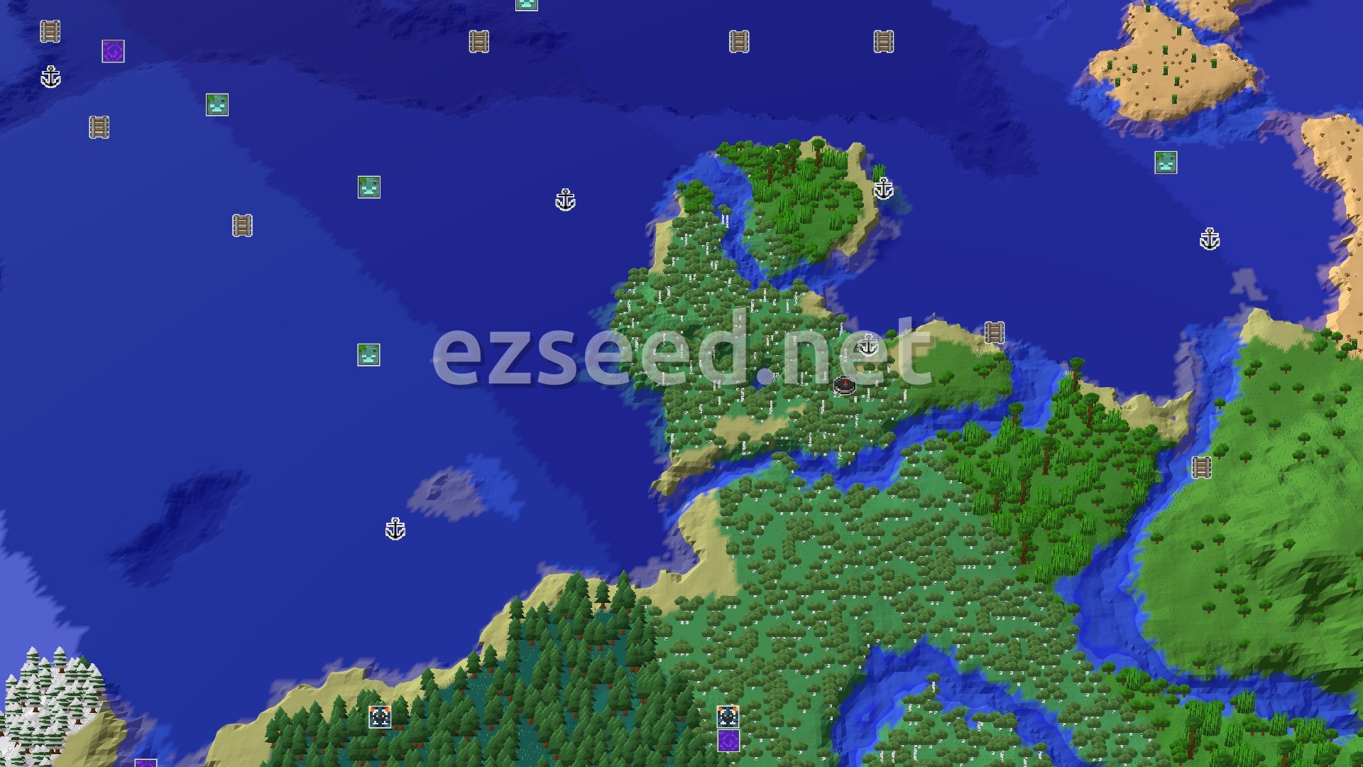 Aerial Minecraft seed map — Spawn in Birch, Explore Jungles and Shipwrecks