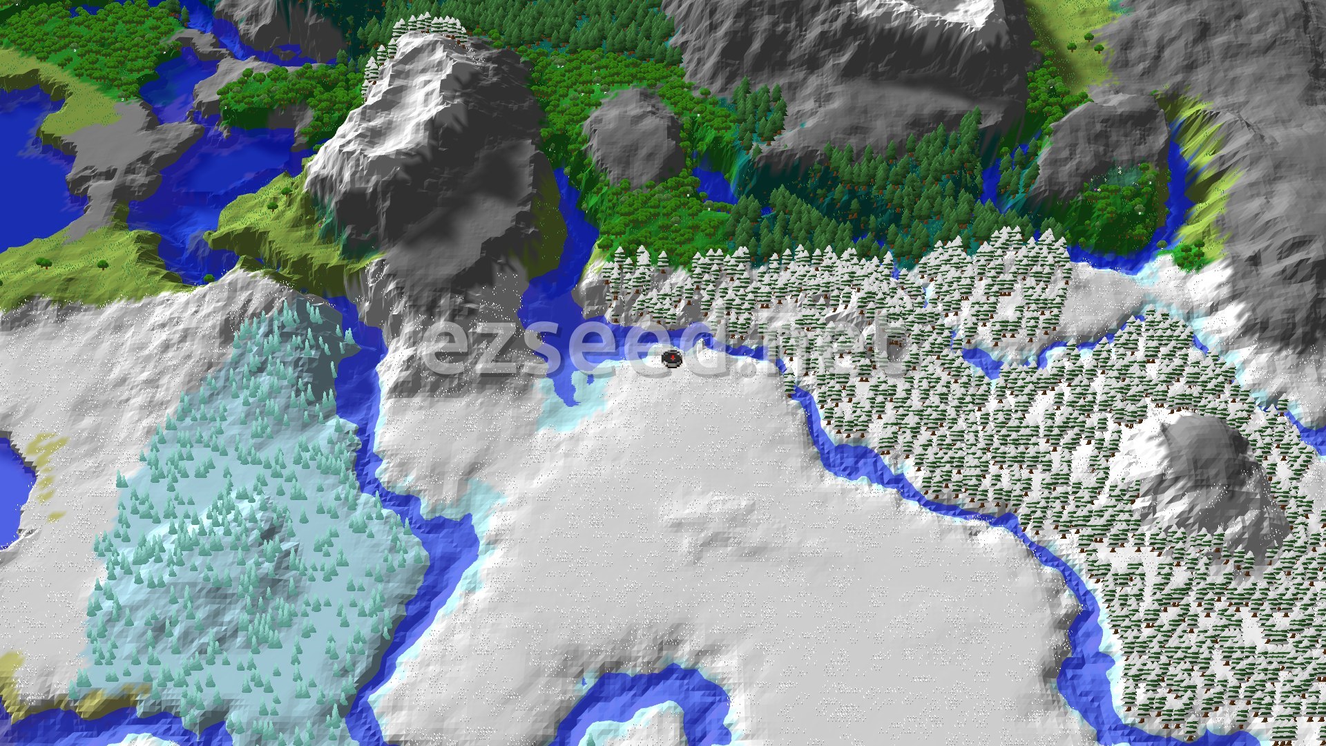 Aerial Minecraft seed map — Snowy Plains Spawn with Nearby Village and Ice Spikes