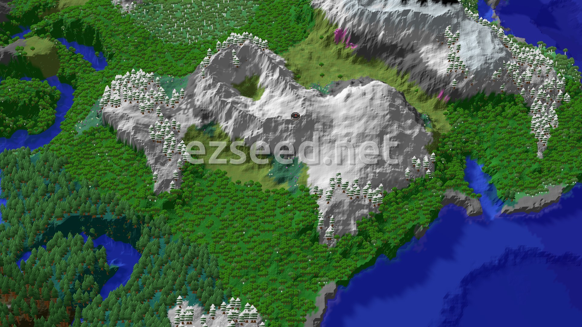 Aerial Minecraft seed map — Spawn High in Jagged Peaks with an Ancient City Below