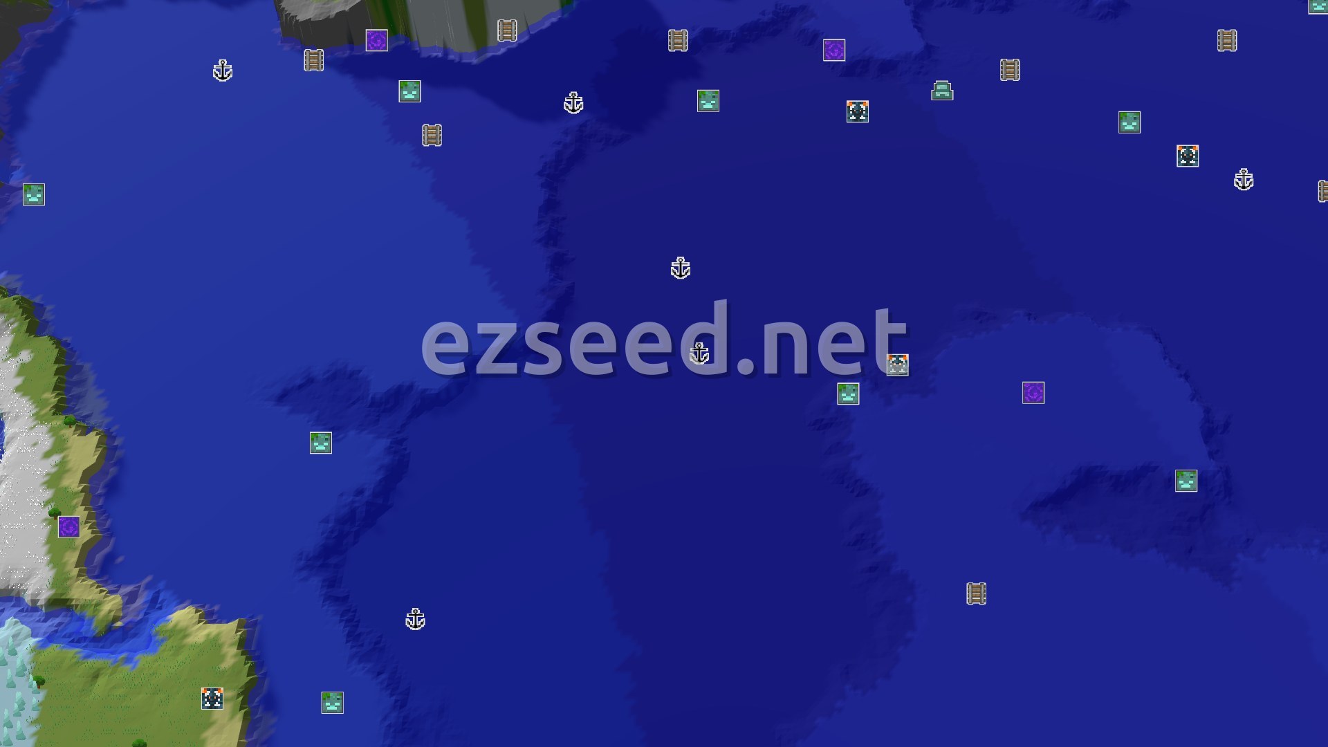 Aerial Minecraft seed map — Spawn Near an Ancient City and Icy Peaks