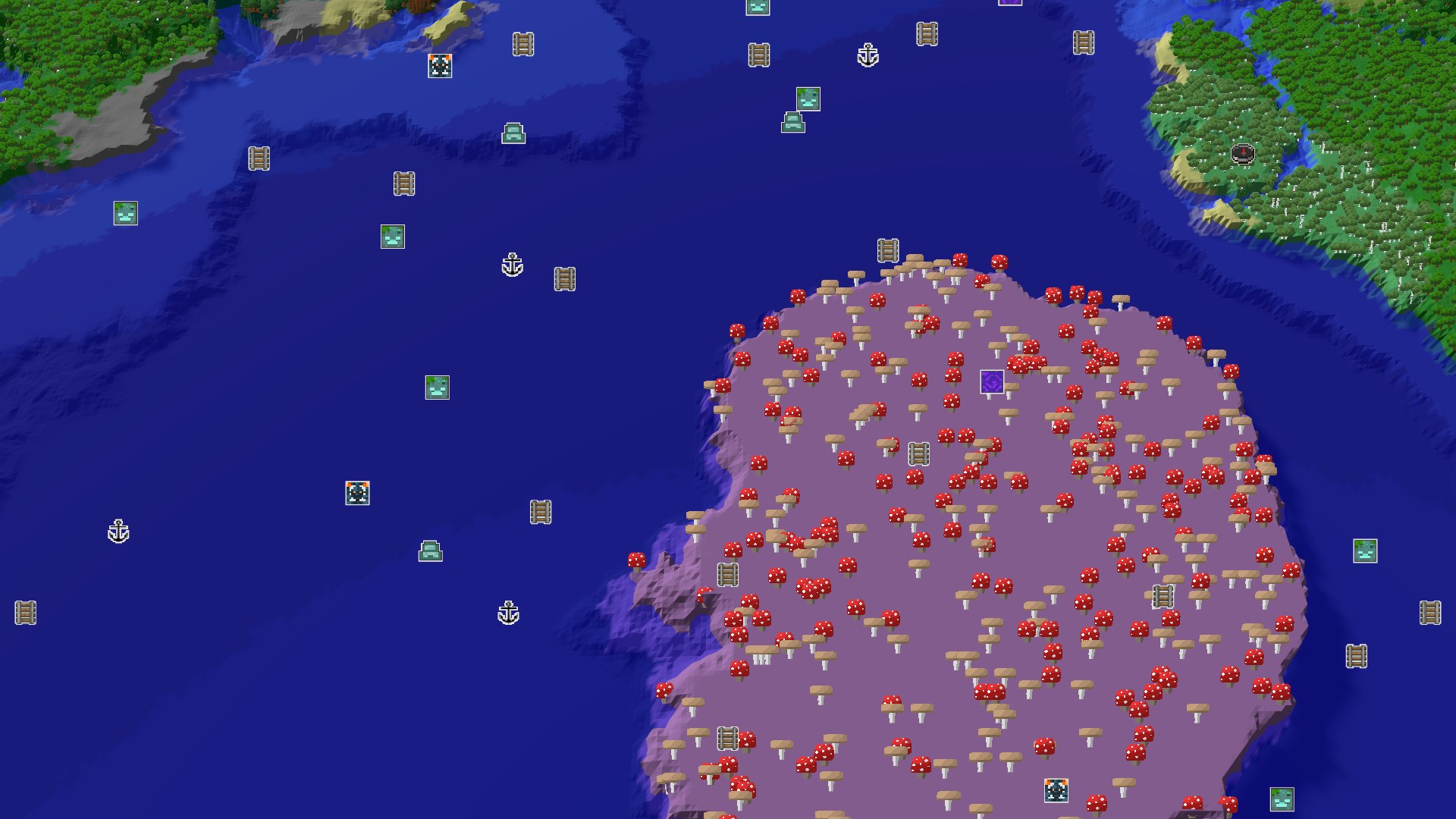 Aerial Minecraft seed map — Spawn in Birch Forest with a nearby Mushroom Island