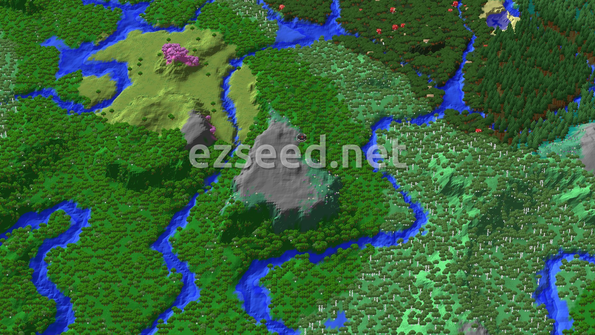 Aerial Minecraft seed map — Cherry Grove and Trail Chambers Near Spawn