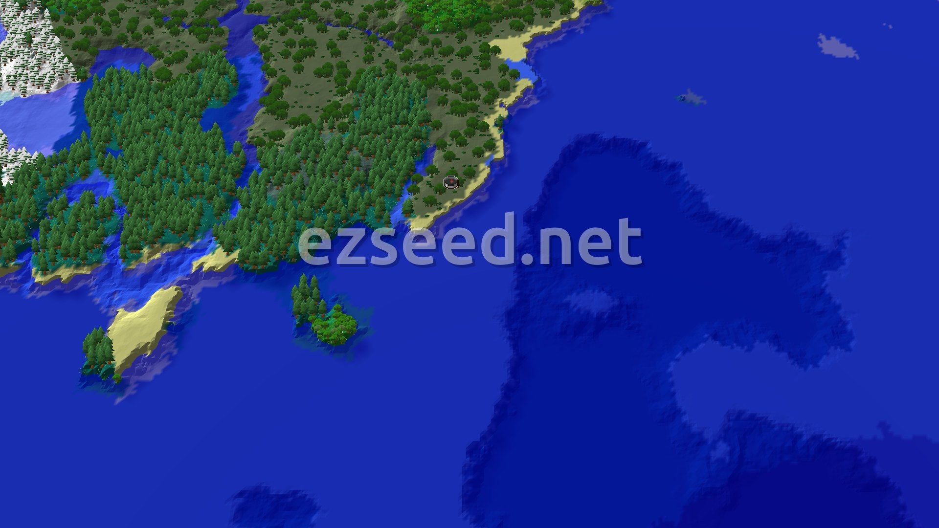 An overhead view of a diverse Minecraft landscape featuring a coastline with beaches, large taiga forests, and open ocean, with a small spawn marker near the coast.
