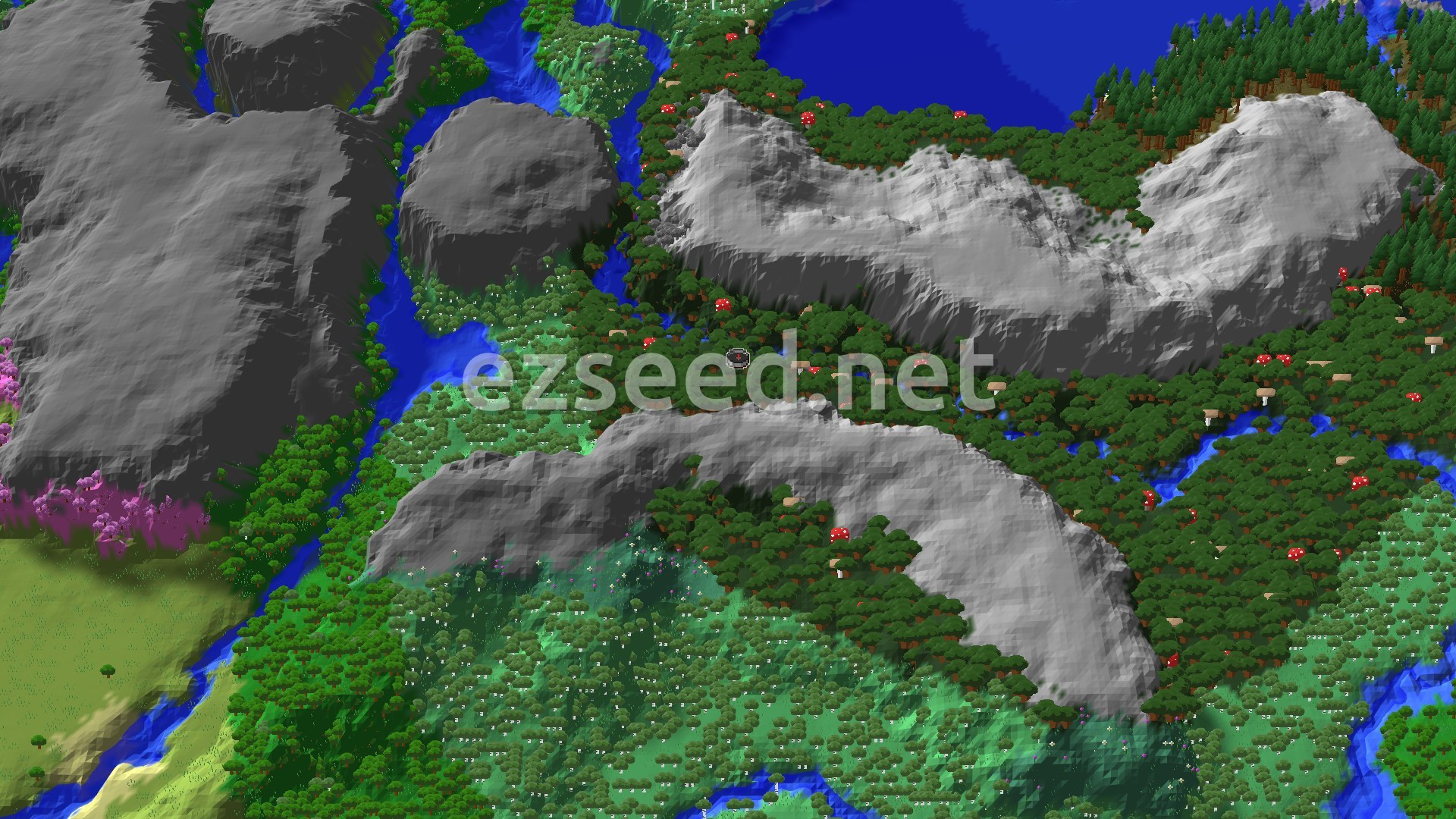 Aerial Minecraft seed map — Dark Forest Spawn with Nearby Pale Garden and Trial Chambers