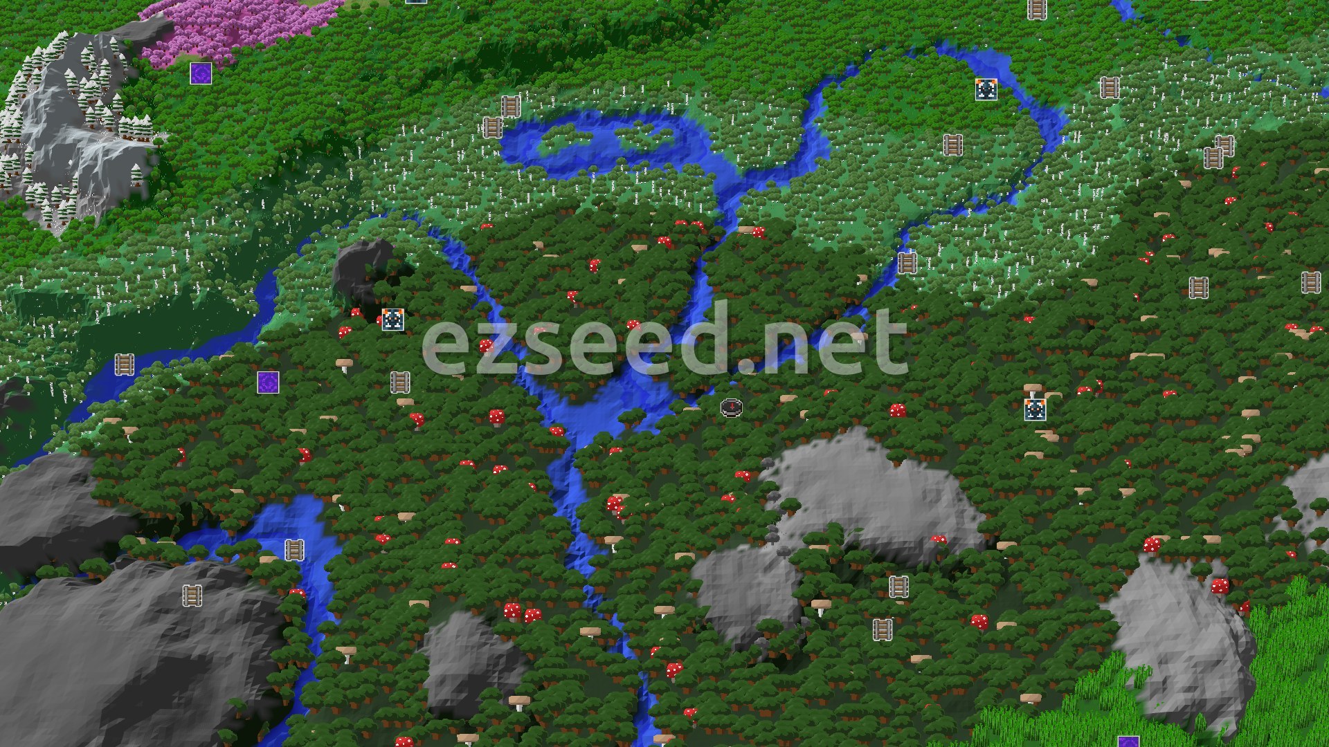 Aerial Minecraft seed map — Dark Forest Beginnings with Jungle and Peaks Nearby
