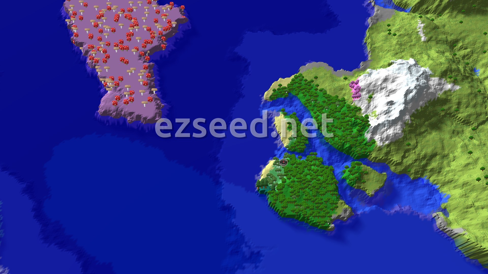 Aerial Minecraft seed map — Mushroom Island and Snowy Peaks Near Spawn