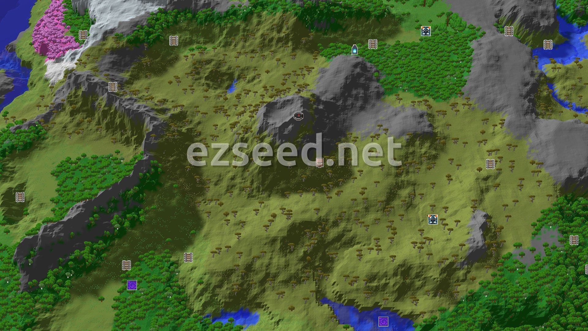 Aerial Minecraft seed map — A Savanna Seed with Nearby Ancient City and Cherry Grove