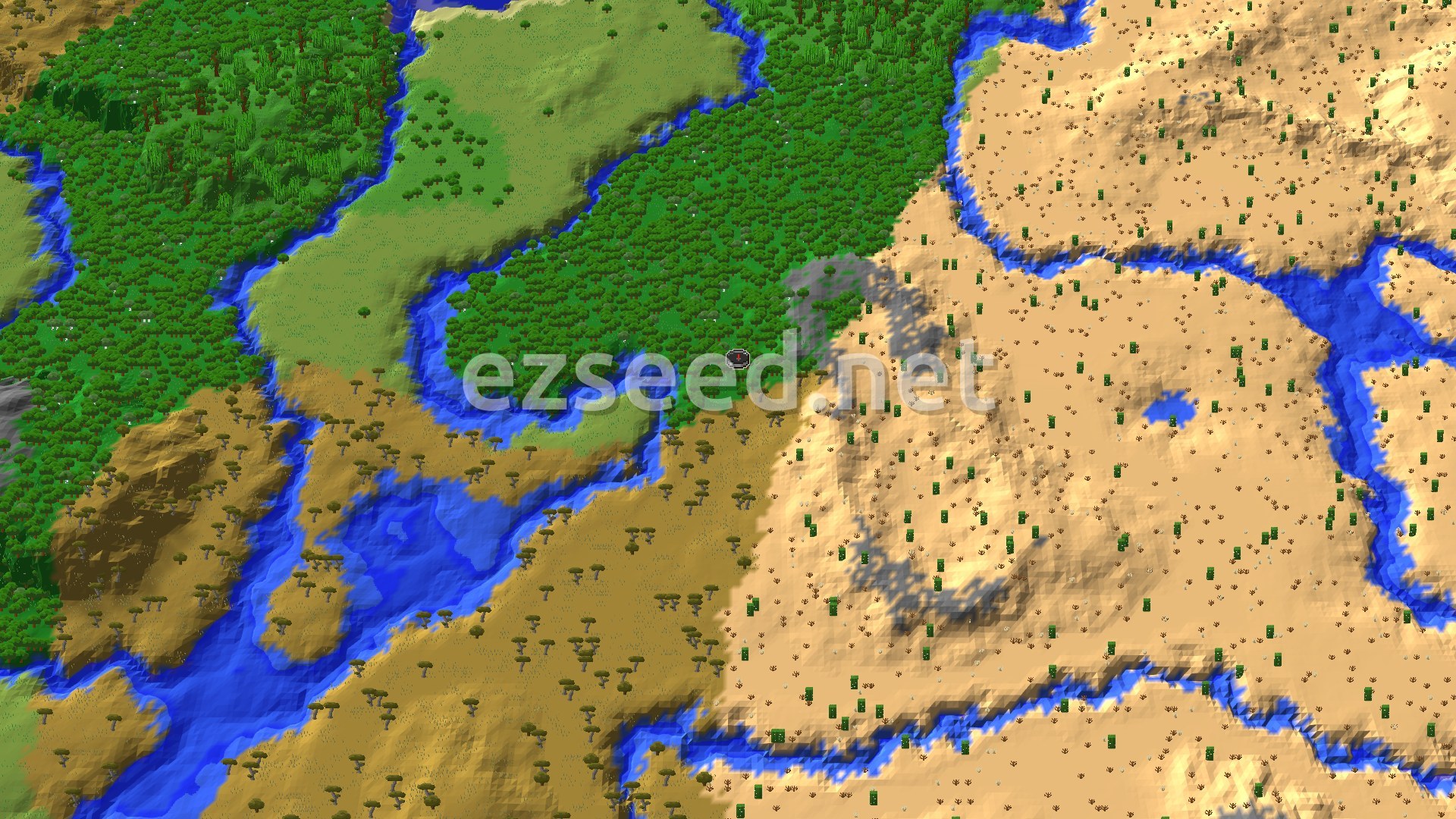 Aerial Minecraft seed map — Desert and Jungle Adventure with Nearby Chambers